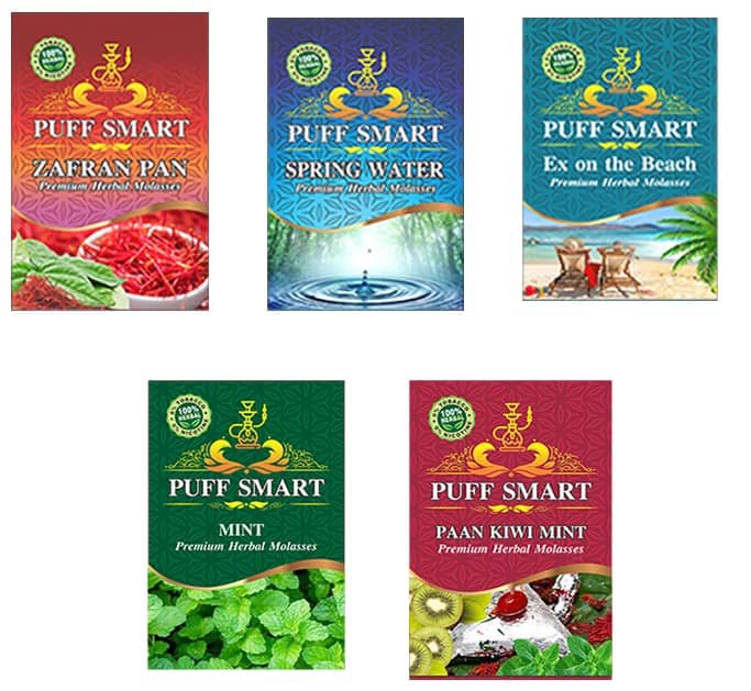 Puff Smart Premium Herbal Hookah Flavour Pack of 5 (Zafran Pan, Spring Water, Ex on the Beach, Mint, PAAN Kiwi Mint)