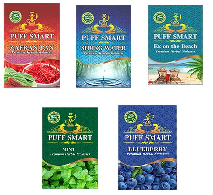 Puff Smart Premium Herbal Hookah Flavour Pack of 5 (Zafran Pan, Spring Water, Ex on the Beach, Mint, Blueberry)