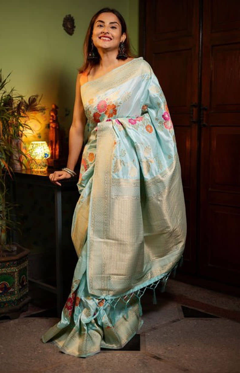 Rameshwaram creative Silk Woven Banarasi saree With Unstitched Blouse Piece ( Sky Blue ) - Sarees | Buy online on ZillyBuy