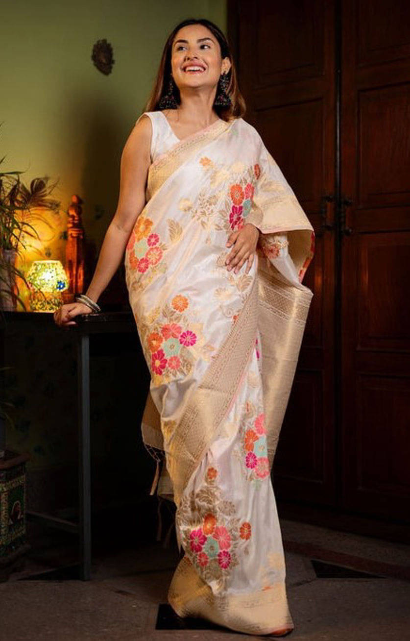     			Rameshwaram creative Silk Woven Banarasi saree With Unstitched Blouse Piece ( Off White )