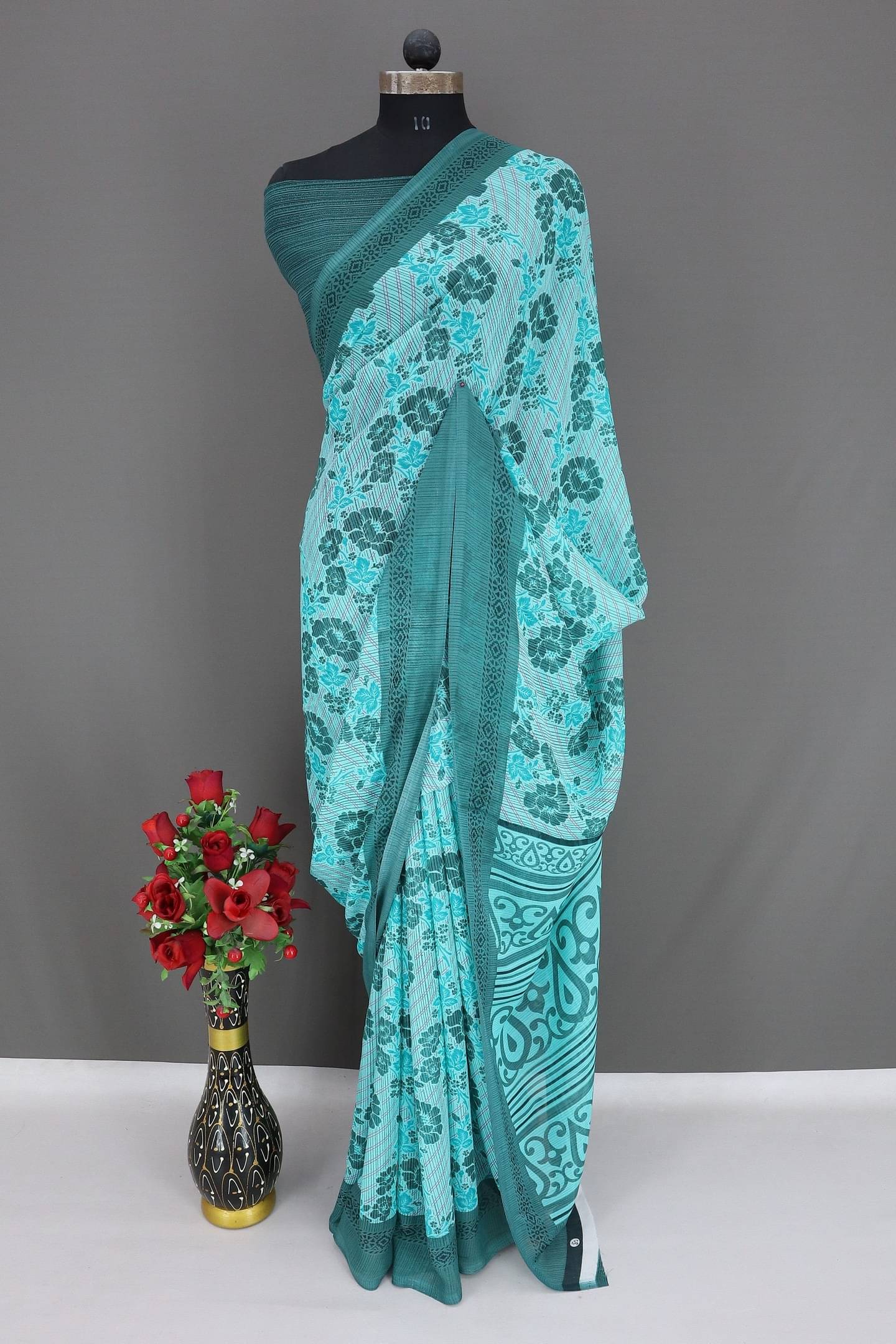     			Rekha Maniyar Georgette Printed Bandhani Sarees With Unstitched Blouse Piece ( Teal )