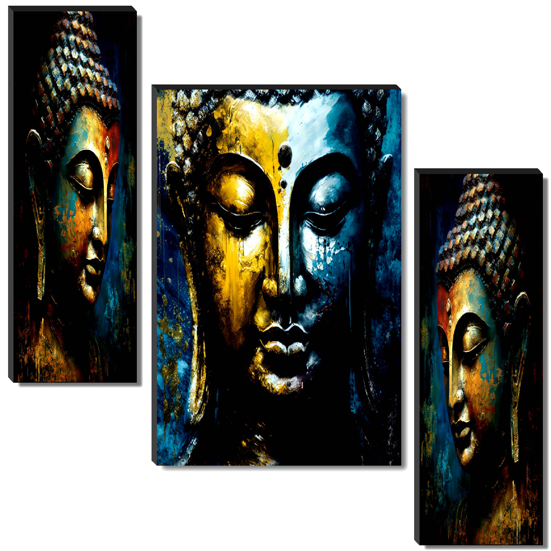 SAF Set of 3 Abstract Buddha Face Wall Painting | Golden Blue Textured Modern Art SAF Set of 3 Abstract Buddha Face Wall Painting | Golden Blue Textured Modern Art