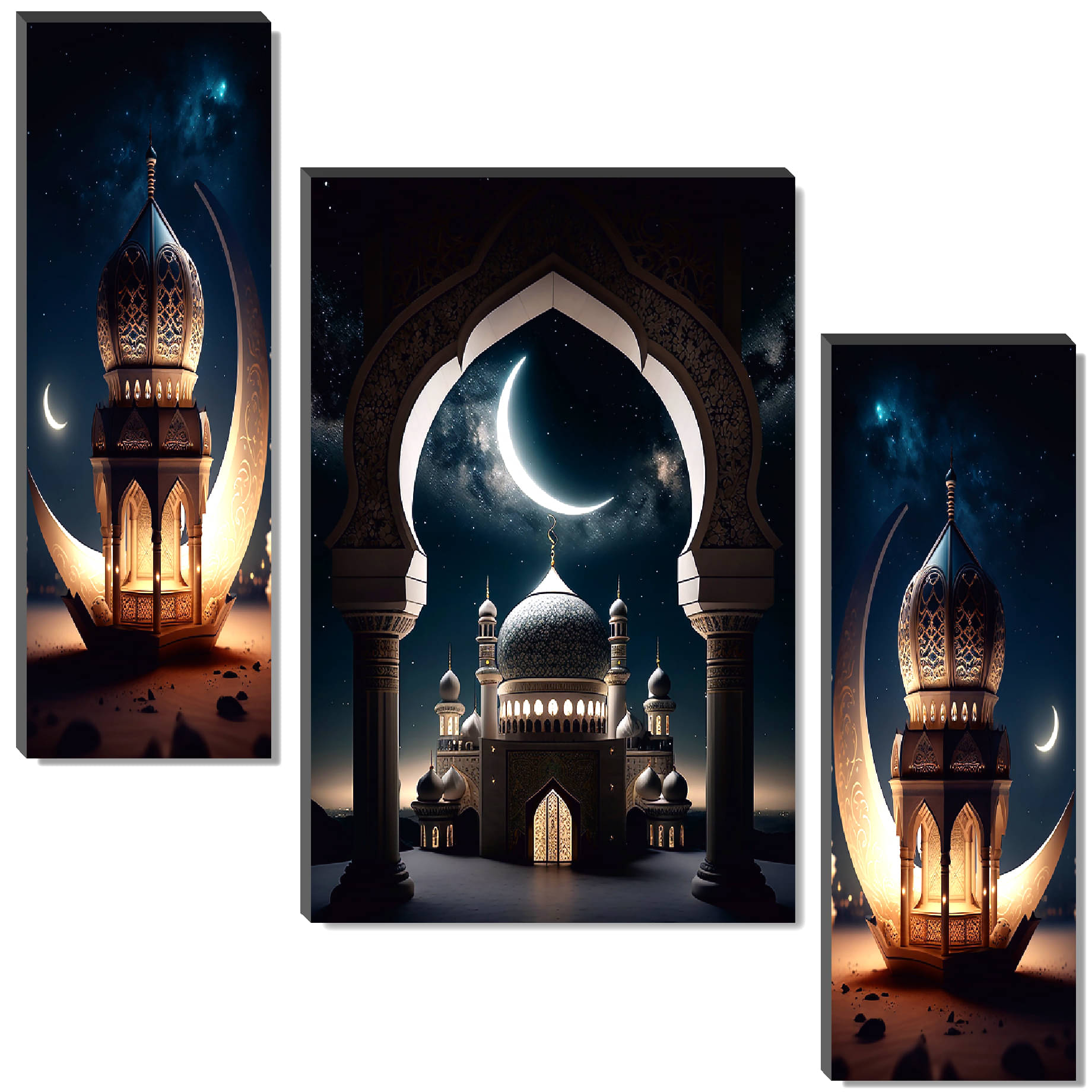 SAF Set of 3 Crescent Moon Mosque & Lantern Wall Painting | Islamic Art Panel with Night Sky SAF Set of 3 Crescent Moon Mosque & Lantern Wall Painting | Islamic Art Panel with Night Sky