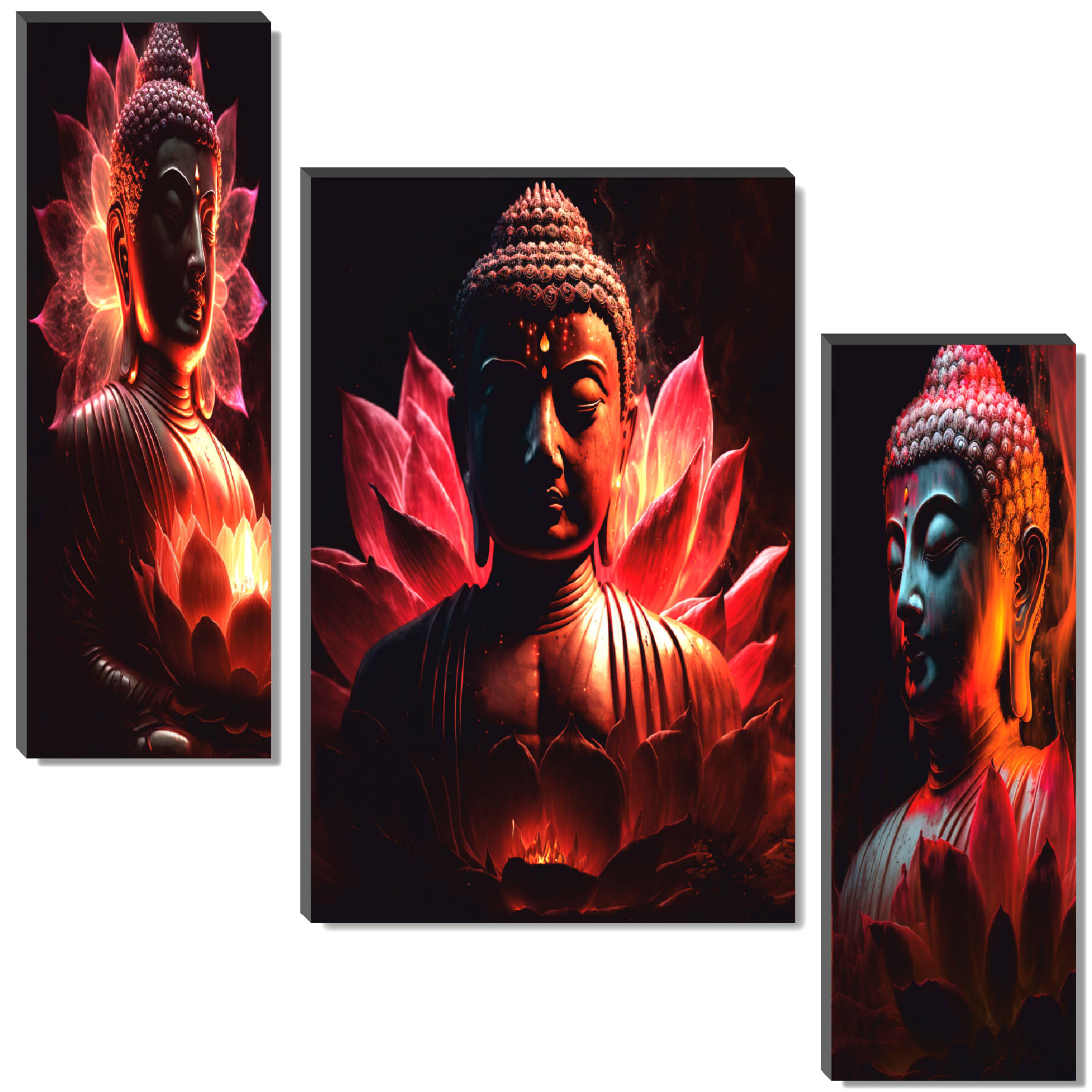     			SAF Set of 3 Fiery Red Lotus Buddha Wall Painting | Illuminated Enlightenment Theme in Red & Black