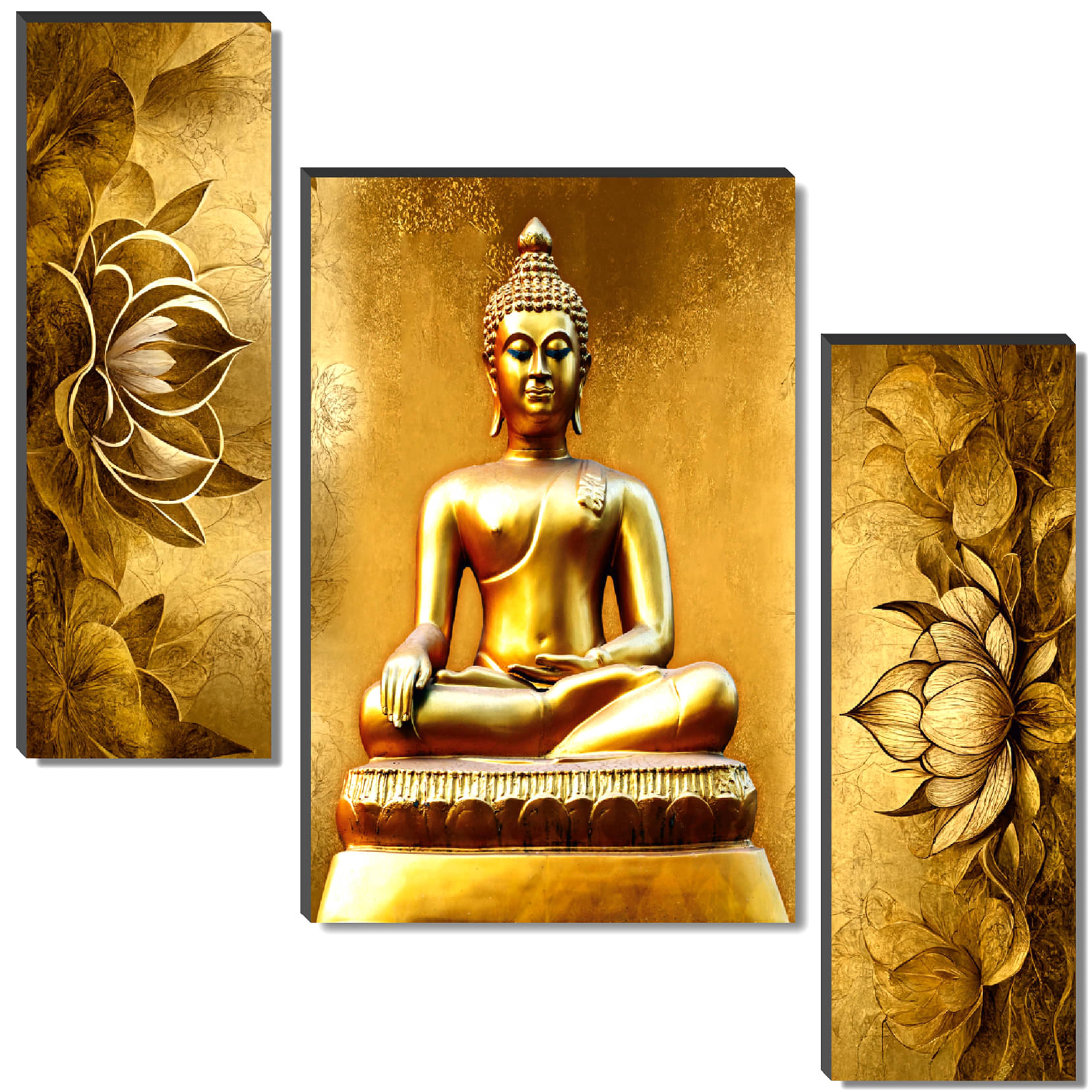 SAF Set of 3 Golden Buddha Wall Paintings with Lotus Design | Meditative Spiritual Art Print SAF Set of 3 Golden Buddha Wall Paintings with Lotus Design | Meditative Spiritual Art Print