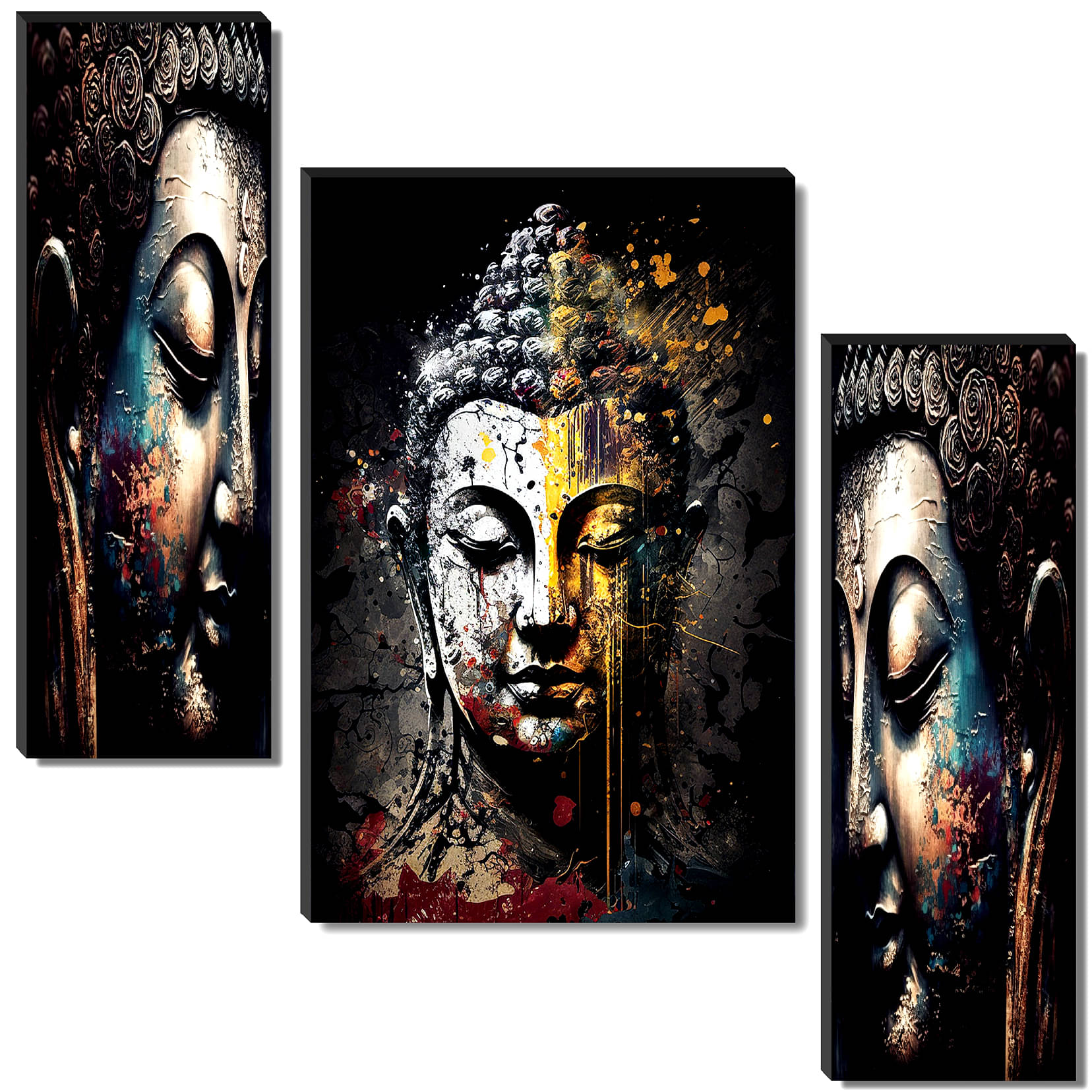 SAF Set of 3 Grunge Style Buddha Wall Painting | Artistic Buddha Face with Paint Splash Effects SAF Set of 3 Grunge Style Buddha Wall Painting | Artistic Buddha Face with Paint Splash Effects