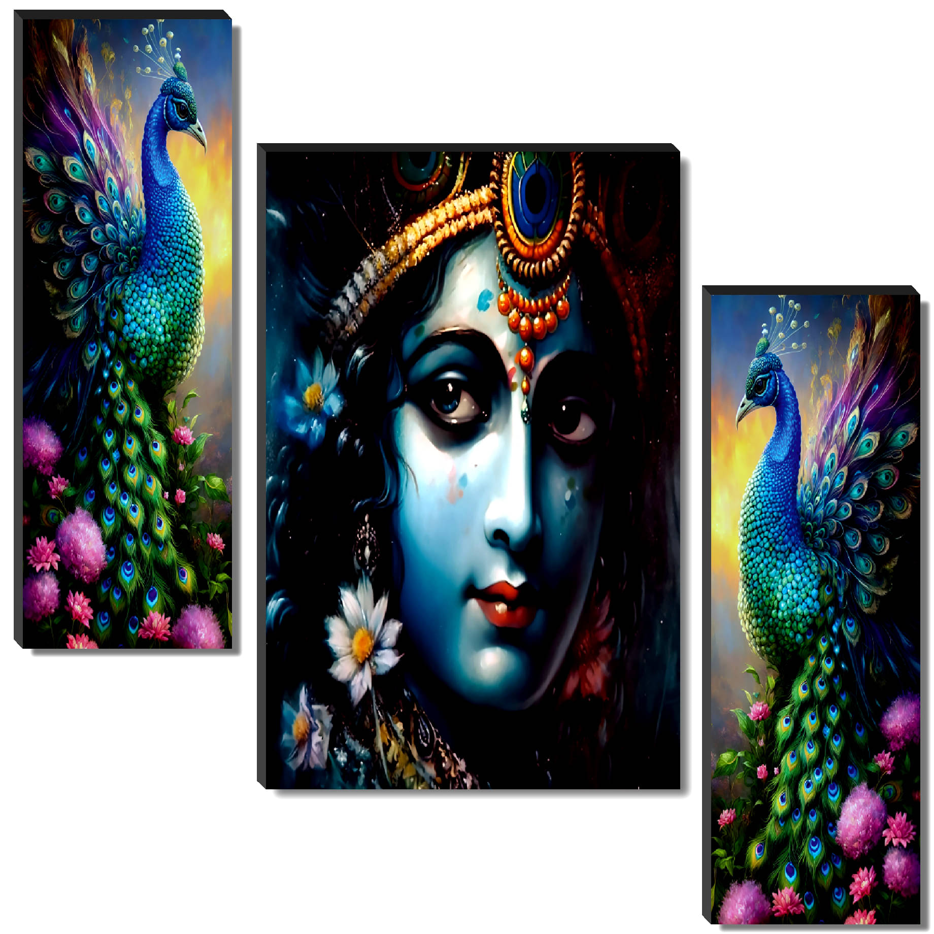 SAF Set of 3 Krishna Portrait with Peacock Wall Painting | Divine Blue Art with Floral & Feather Detailing SAF Set of 3 Krishna Portrait with Peacock Wall Painting | Divine Blue Art with Floral & Feather Detailing