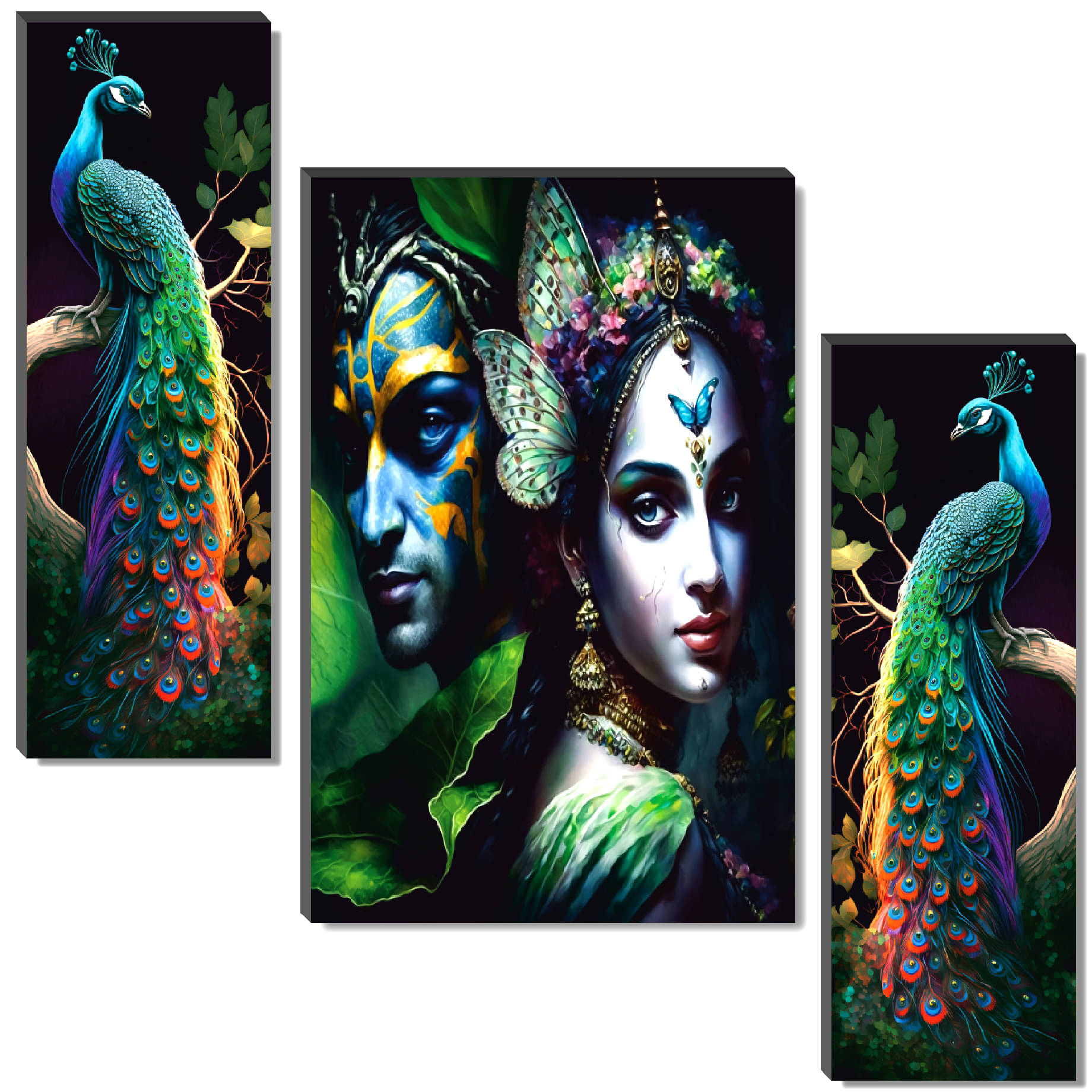 SAF Set of 3 Radha Krishna with Colorful Peacock Wall Painting | Artistic Divine Couple with Nature & Butterfly Theme SAF Set of 3 Radha Krishna with Colorful Peacock Wall Painting | Artistic Divine Couple with Nature & Butterfly Theme