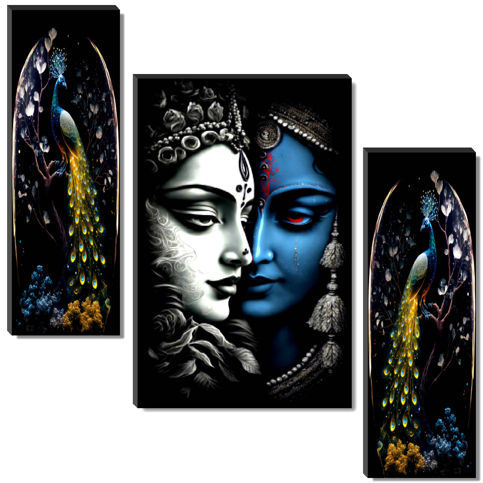 SAF Set of 3 Radha Krishna with Peacock Wall Painting | Divine Couple Art with Golden Feathers SAF Set of 3 Radha Krishna with Peacock Wall Painting | Divine Couple Art with Golden Feathers