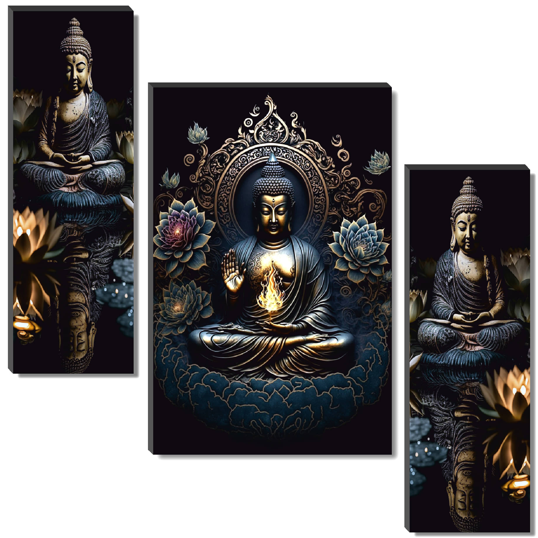     			SAF Set of 3 Royal Buddha Wall Painting with Lotus Flame | Golden Aura Spiritual Art