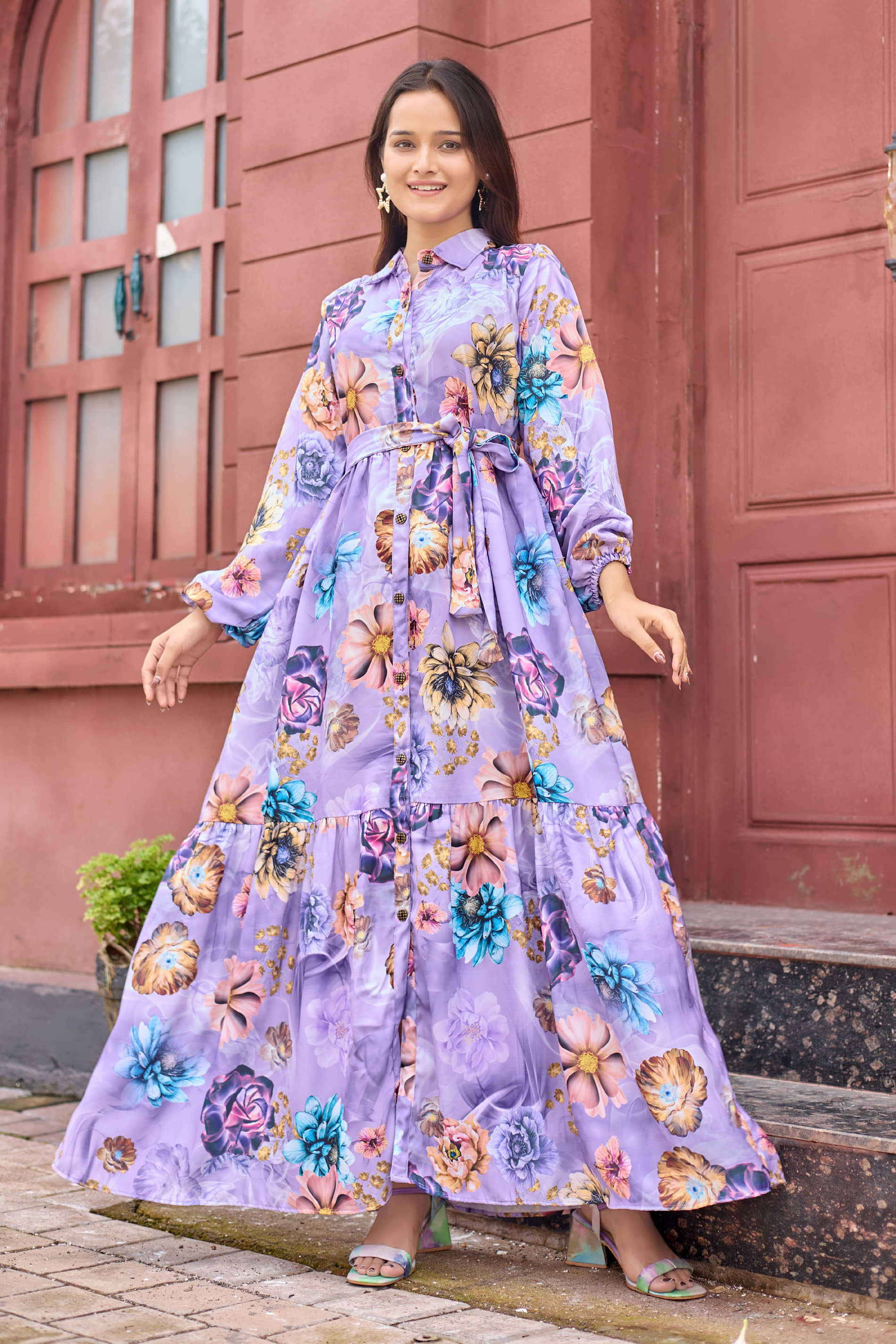 SARINKU Women Satin Flared Stitched Ethnic Gown ( Lavender )