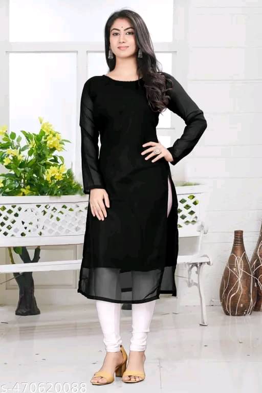 Shree Guru Fashion Women Georgette Solid Straight Kurti ( Black )     			Shree Guru Fashion Women Georgette Solid Straight Kurti ( Black )
