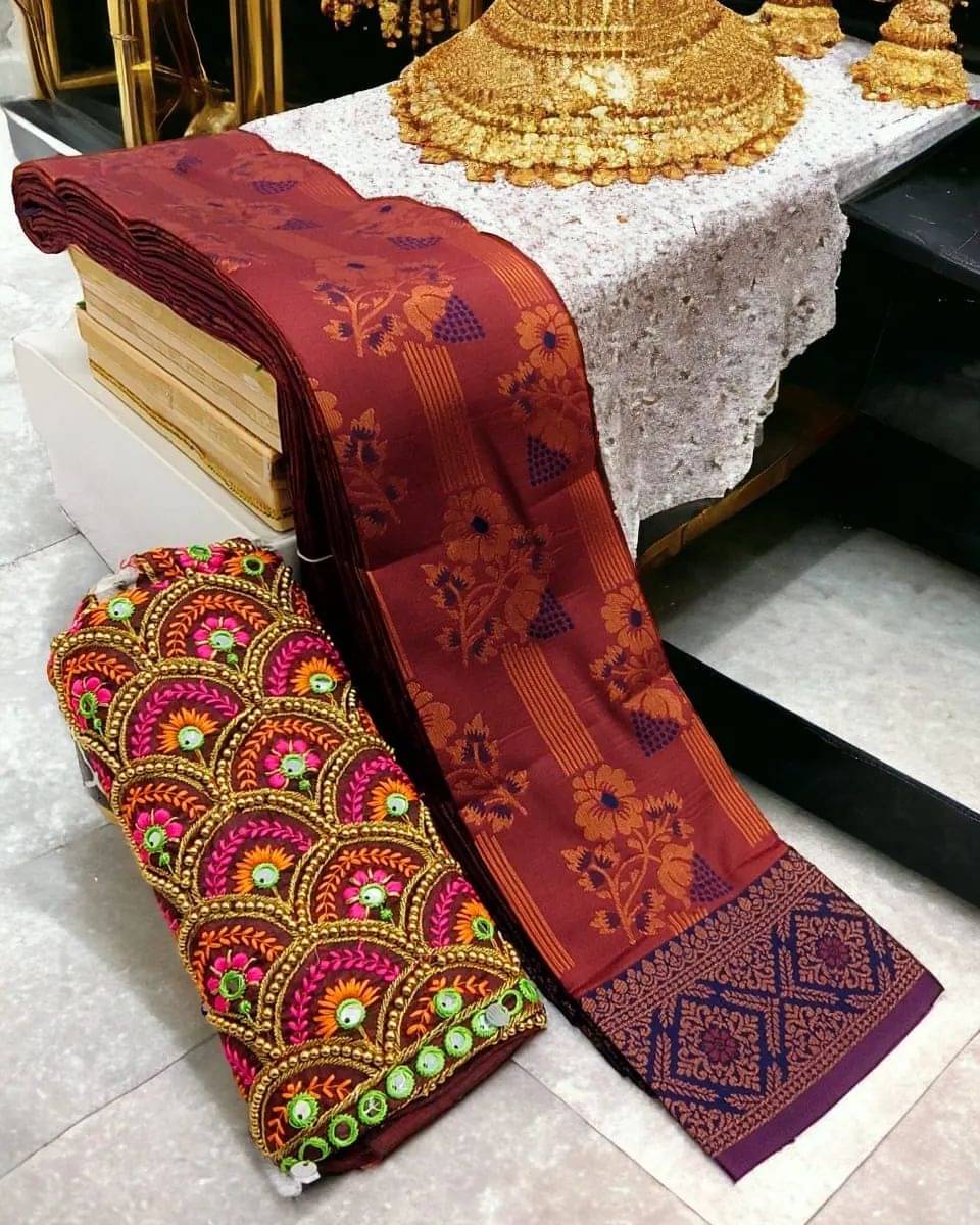 THE PRIVATE LABLE Cotton Embroidered Banarasi saree With Unstitched Blouse Piece ( Multicolor ) THE PRIVATE LABLE Cotton Embroidered Banarasi saree With Unstitched Blouse Piece ( Multicolor )