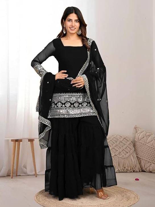 Trandtide Women Georgette Embroidered Straight Kurti With Sharara And Gharara ( Black ) Trandtide Women Georgette Embroidered Straight Kurti With Sharara And Gharara ( Black )