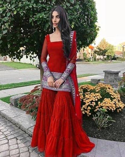     			Trandtide Women Georgette Embroidered Straight Kurti With Sharara And Gharara ( Red )