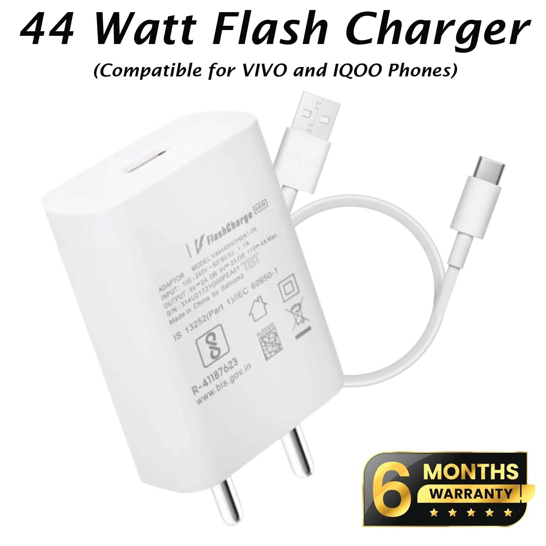     			U7 44W Flash Charger, 4A Wall Charger, Support FLASH 2.0, with 120W Flash Charge Detachable Type A to C White Cable (Compatible for VI-VO and IQOO Phones)