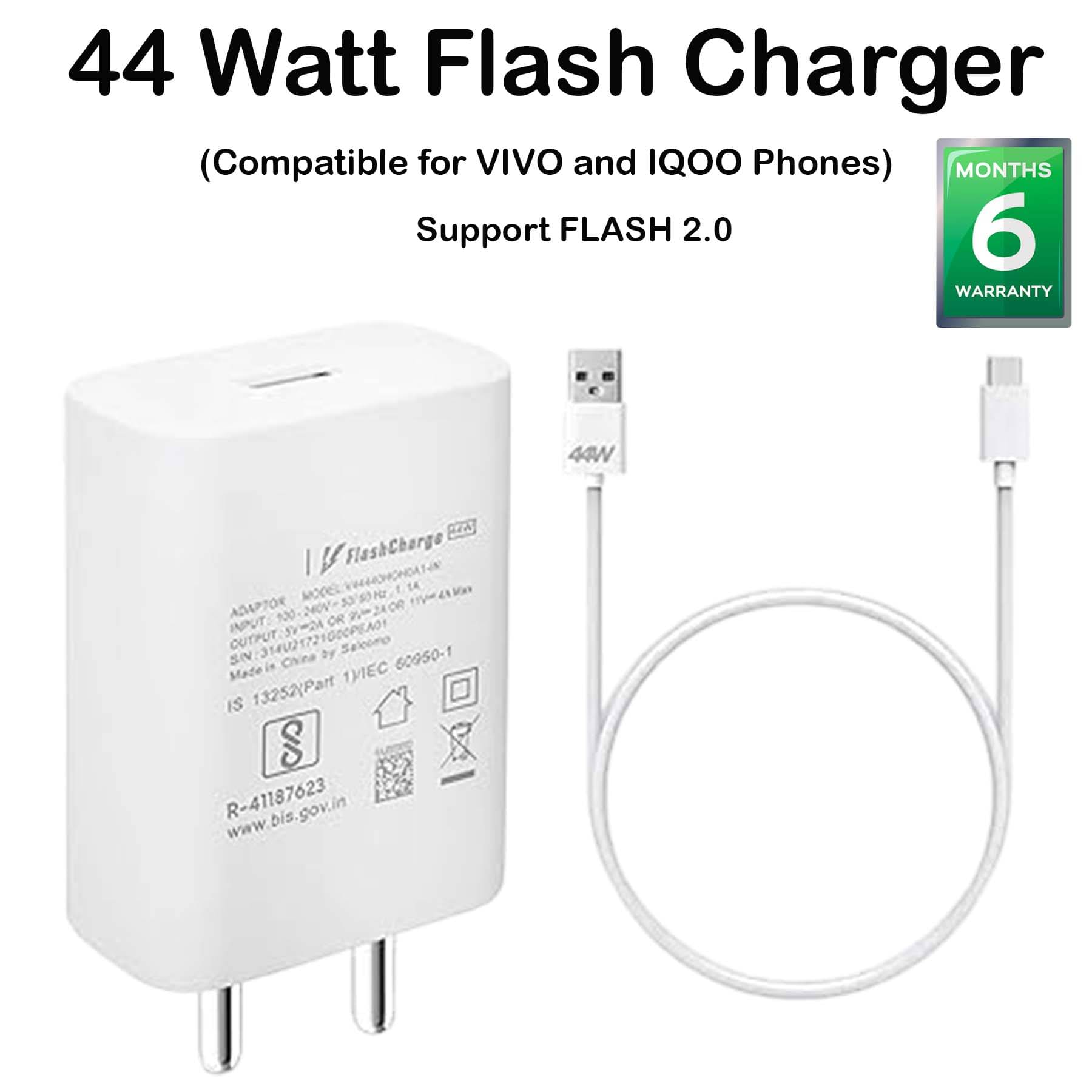     			U7 44W Flash Charger, Support FLASH 2.0 with 4A 120W Flash Charge Detachable Type A to C White Cable (Compatible for VI-VO and IQOO Phones)