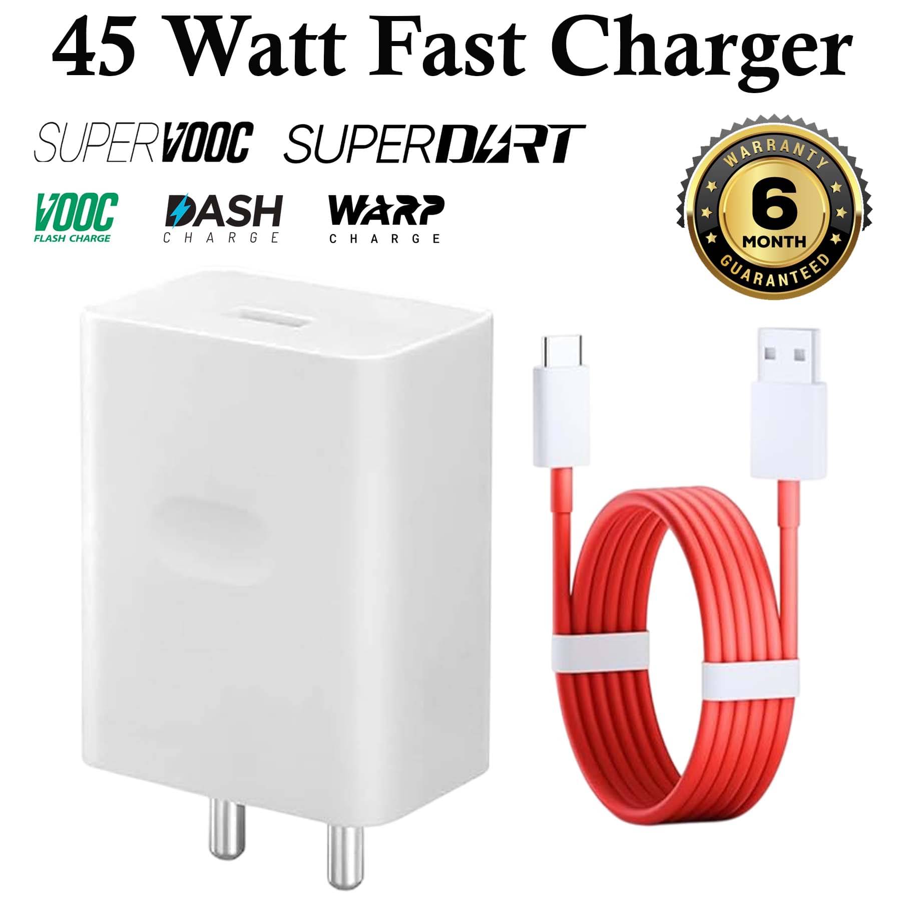     			U7 45 W Fast Charger with Type C Cable, 5A Wall Charger, Travel Mobile Charger, Supports Supervooc, Vooc, Dash, Warp Charge for Android Devices