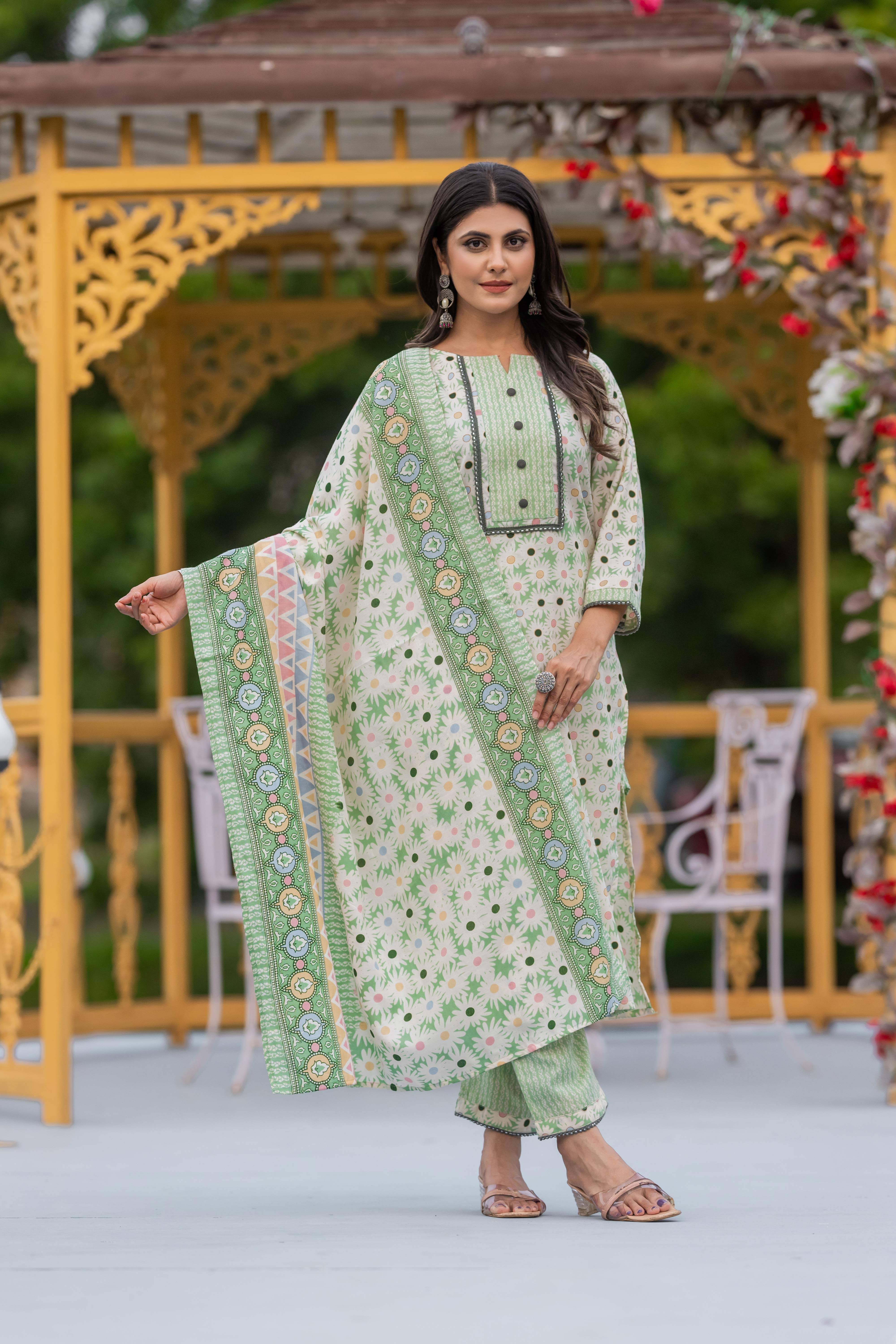     			Vorhiza Women Cotton Printed A-line Kurti With Pants ( Mint Green )