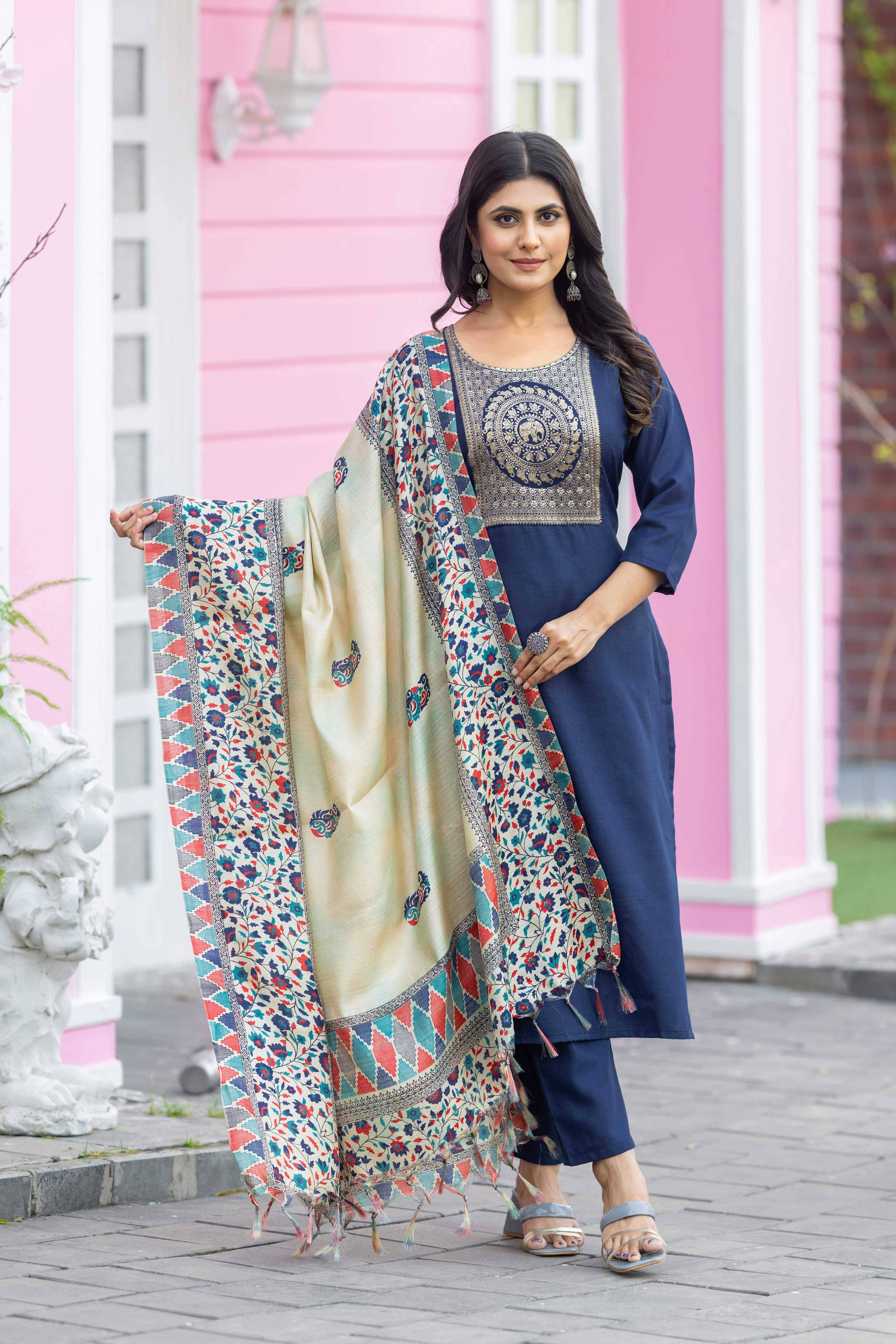 Vorhiza Women Cotton Embroidered Straight Kurti With Pants ( Blue ) Vorhiza Women Cotton Embroidered Straight Kurti With Pants ( Blue )