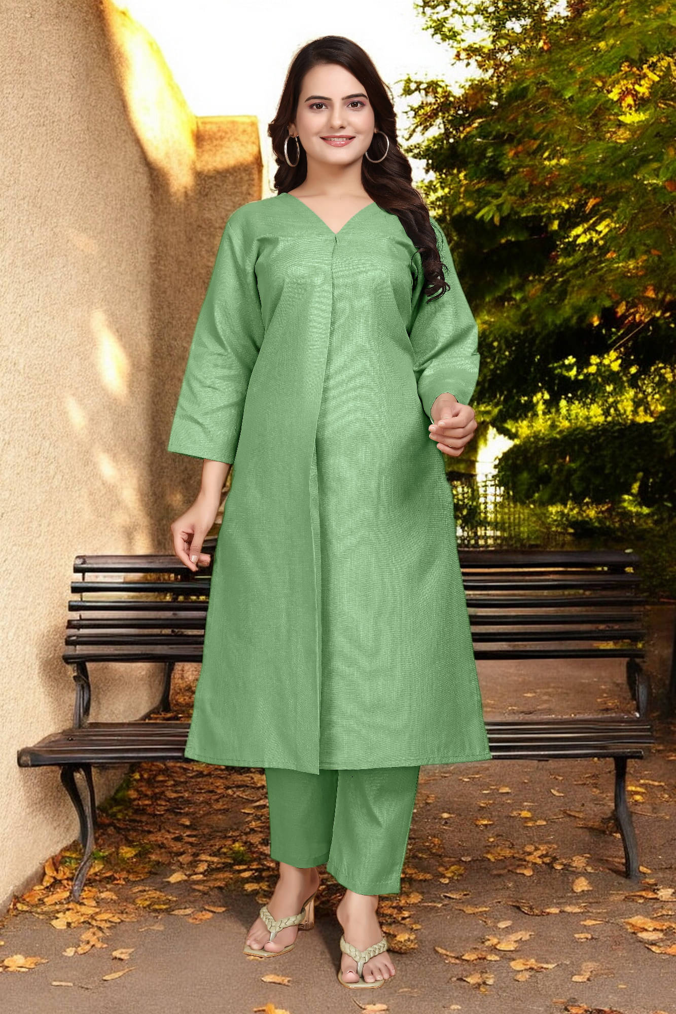 Vorhiza Women Cotton Solid Straight Kurti With Pants ( Green ) Vorhiza Women Cotton Solid Straight Kurti With Pants ( Green )