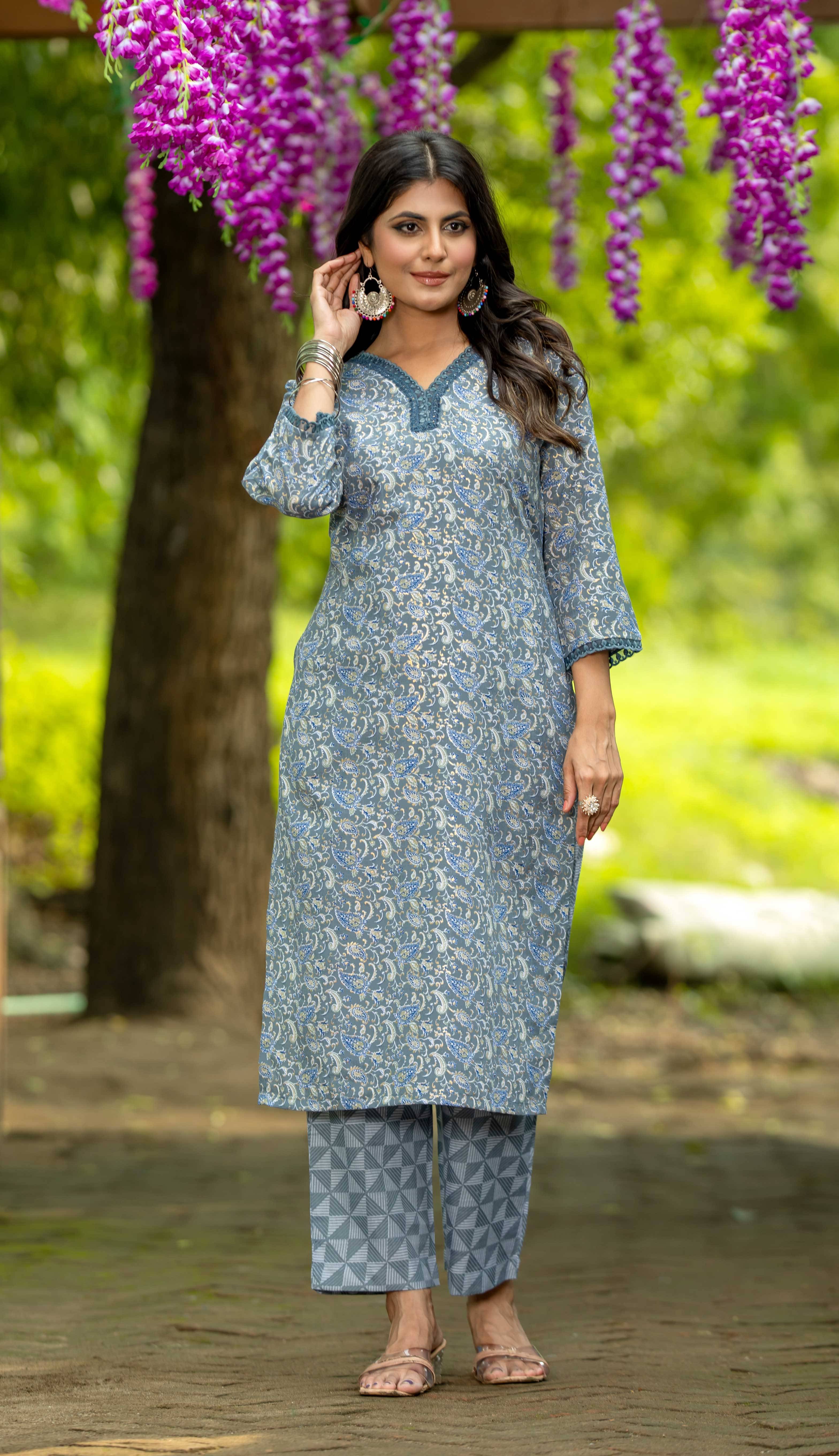     			Vorhiza Women Cotton Solid Straight Kurti With Pants ( Grey )