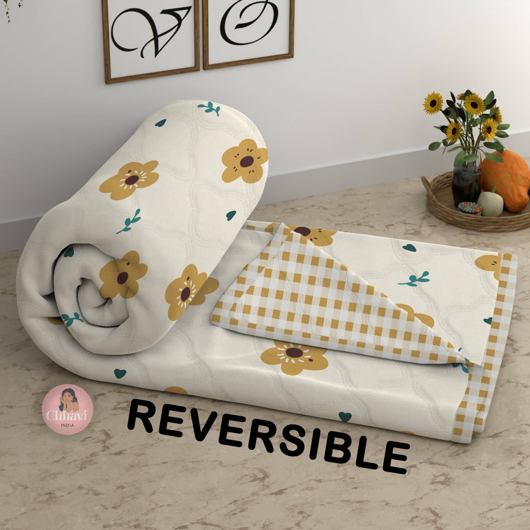 chhavi india Cotton Floral Double Size Comforter ( 220 x 220 cm ) - Yellow ( Pack of 1 )
