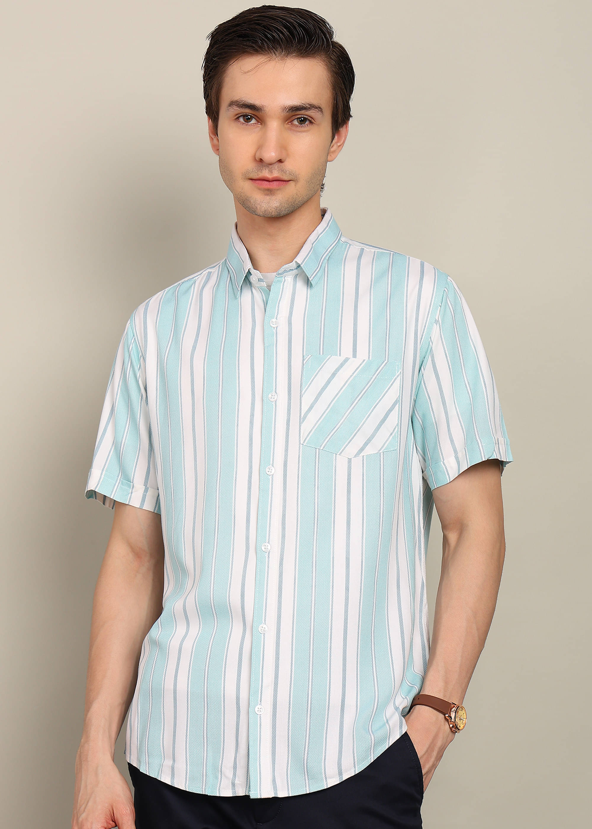 BLYNK Poly Cotton Regular Fit Striped Half Sleeves Men's Casual Shirt - Green ( Pack of 1 ) BLYNK Poly Cotton Regular Fit Striped Half Sleeves Men's Casual Shirt - Green ( Pack of 1 )