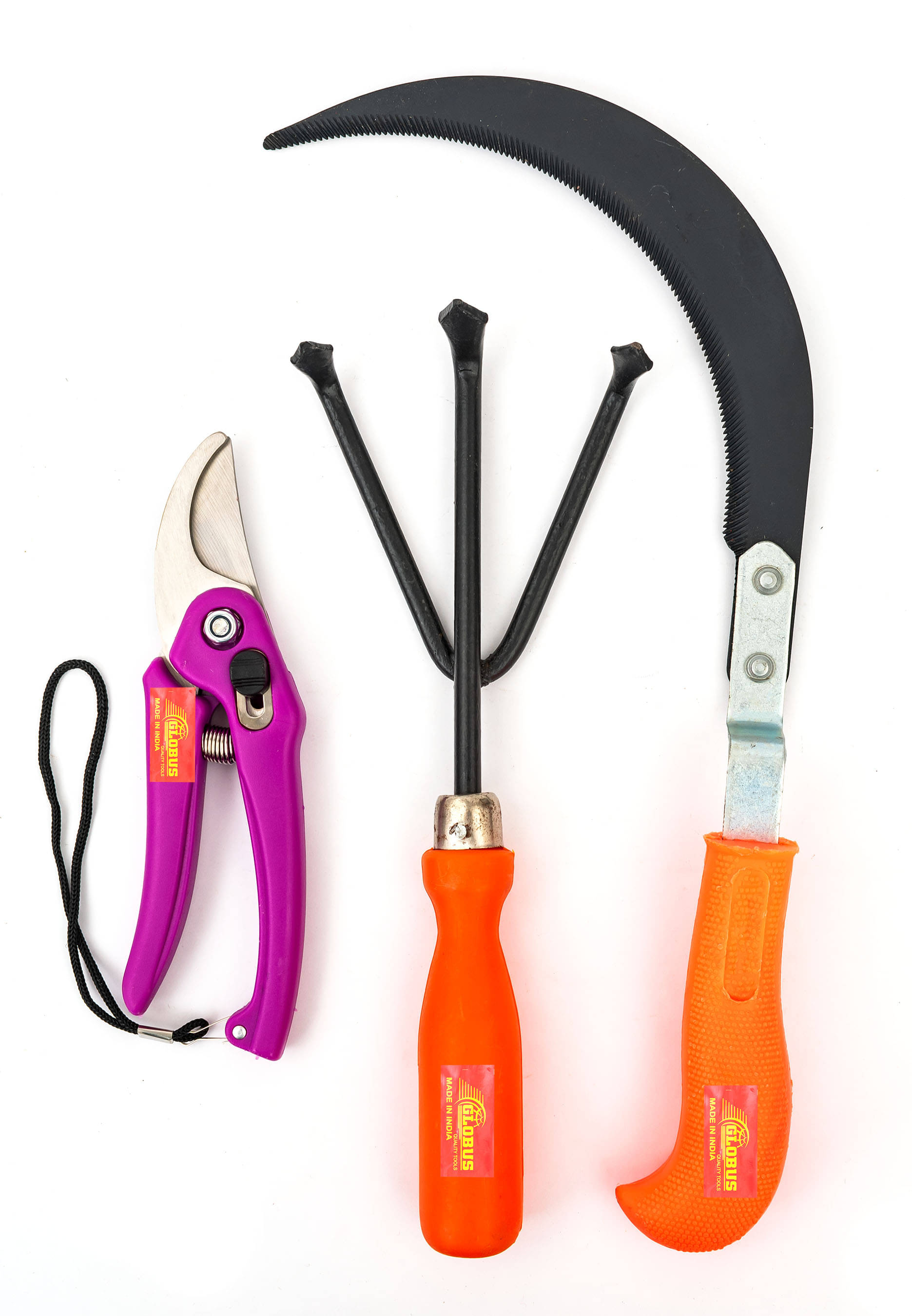 Globus 518-Garden Tool set/3-Stainless Pruner/Cutter/Secateur (7 inch/18cm) & (HAND CULTIVATOR) AND SICKLE 8 INCH. Globus 518-Garden Tool set/3-Stainless Pruner/Cutter/Secateur (7 inch/18cm) & (HAND CULTIVATOR) AND SICKLE 8 INCH.
