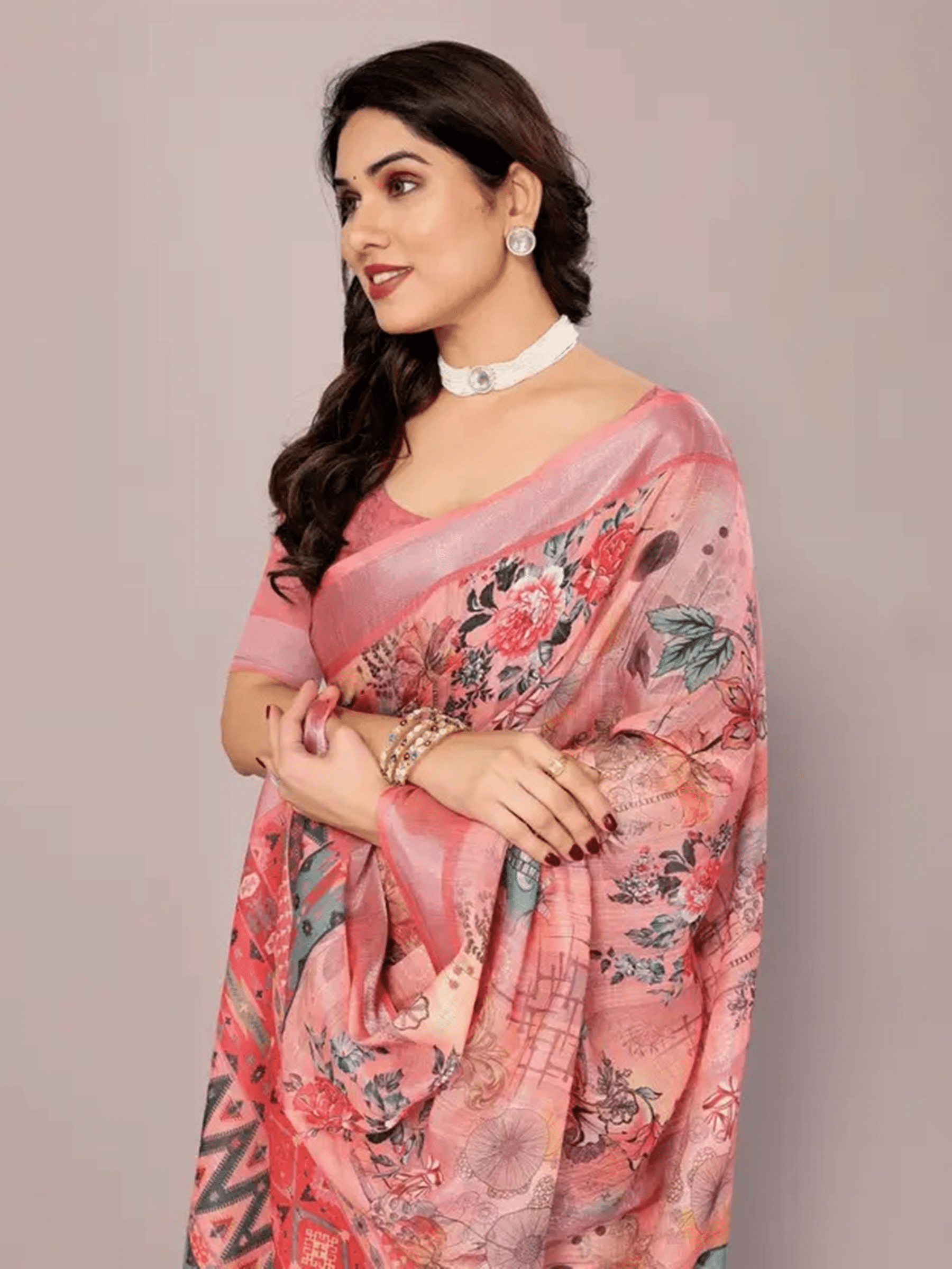 Grubstaker Linen Printed Regular Saree With Unstitched Blouse Piece ( Pink ) Grubstaker Linen Printed Regular Saree With Unstitched Blouse Piece ( Pink )
