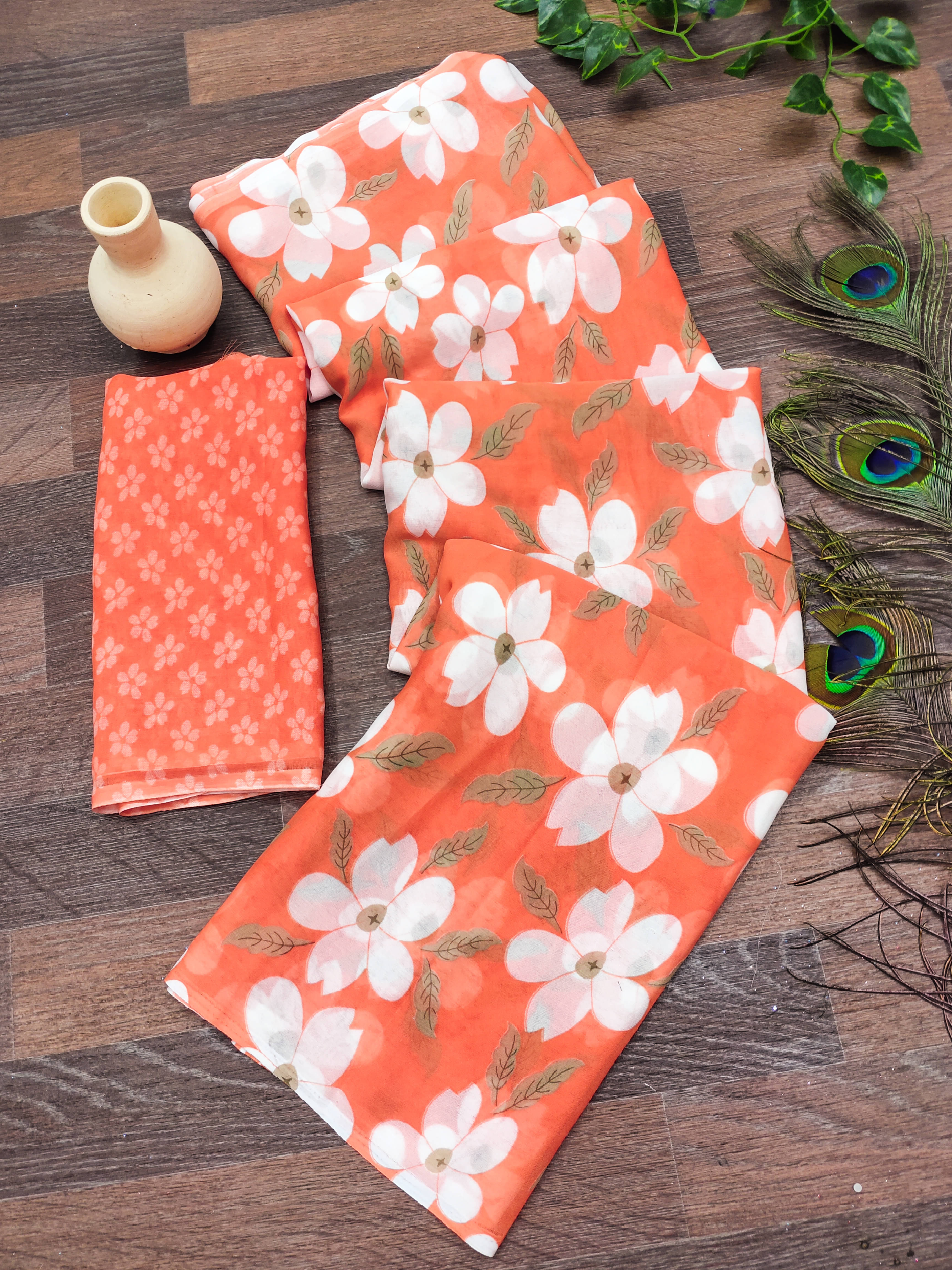     			Kashvi Sarees Georgette Printed Chanderi saree With Unstitched Blouse Piece ( Orange )
