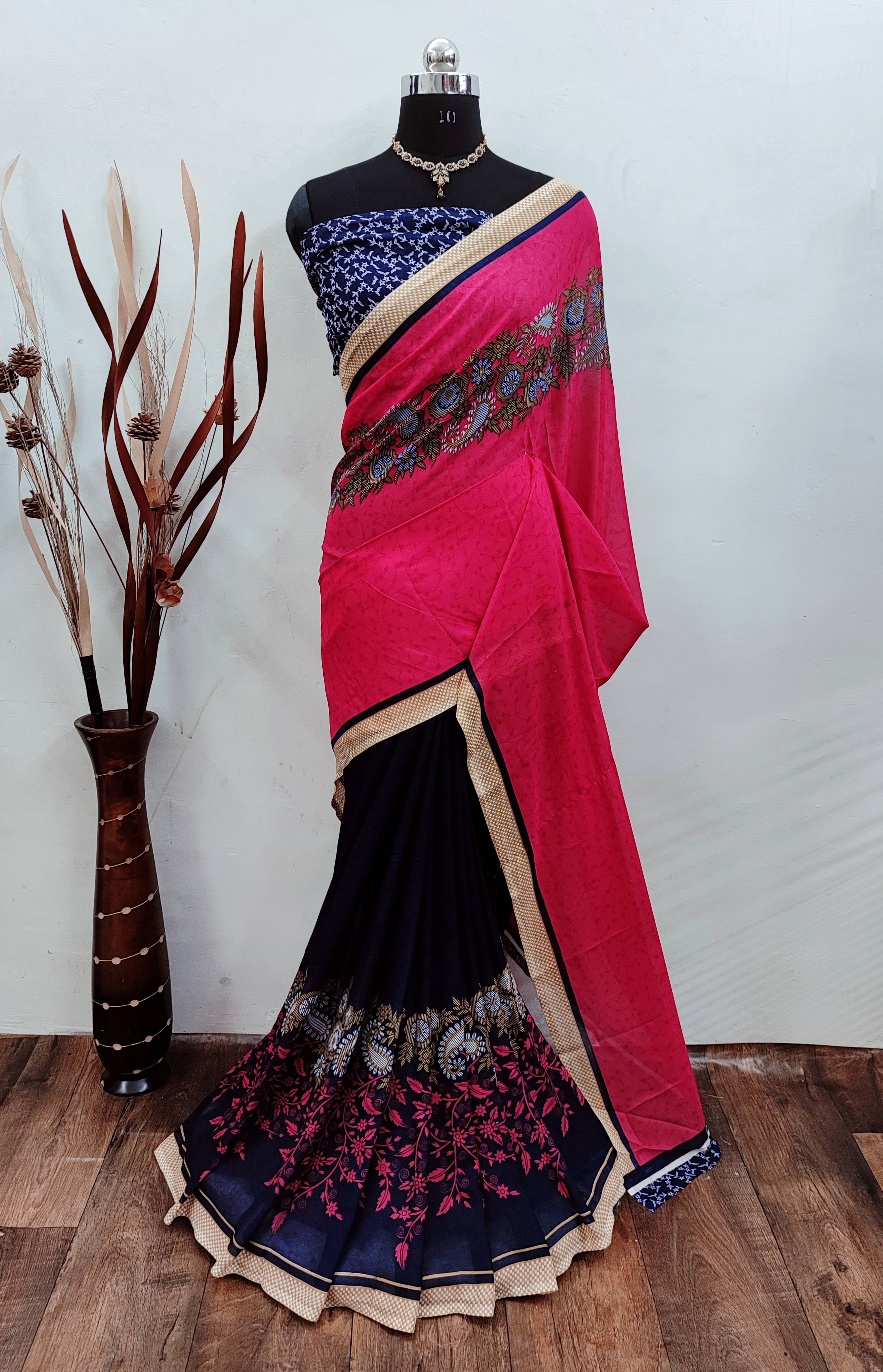     			Kashvi Sarees Georgette Printed Chanderi saree With Unstitched Blouse Piece ( Pink )