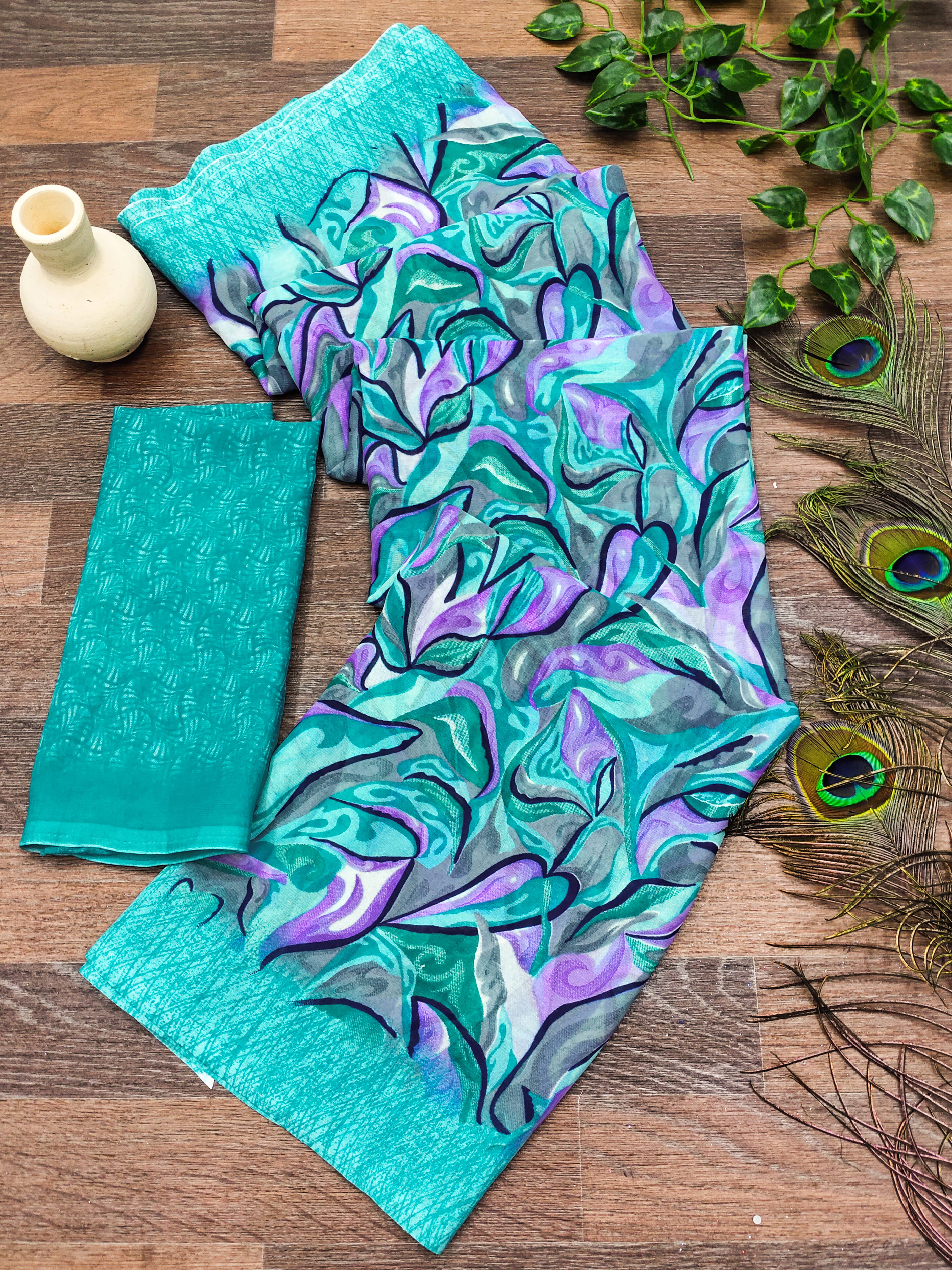     			Kashvi Sarees Georgette Printed Chanderi saree With Unstitched Blouse Piece ( Aqua Blue )