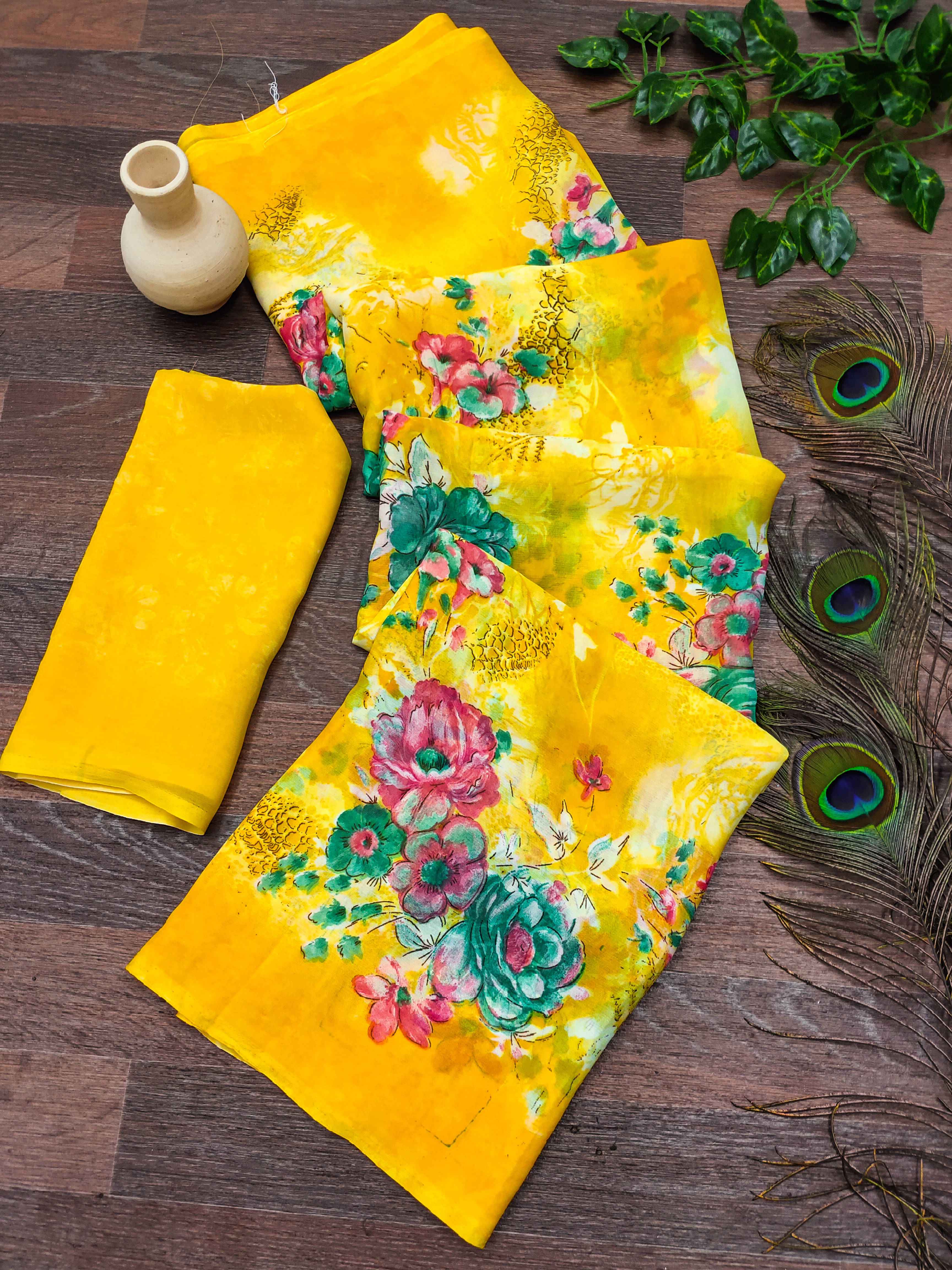     			Kashvi Sarees Georgette Printed Chanderi saree With Unstitched Blouse Piece ( Yellow )