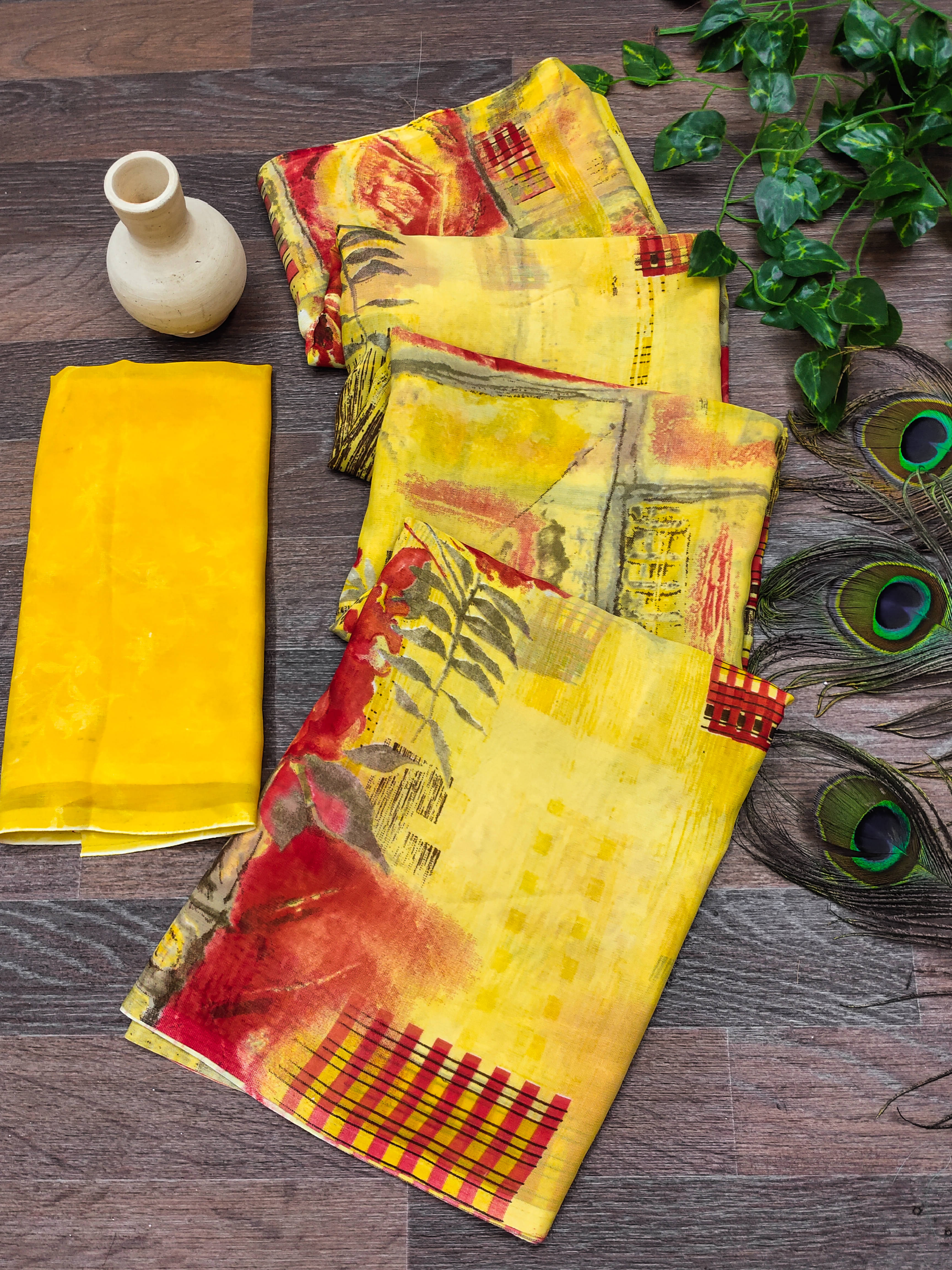     			Kashvi Sarees Georgette Printed Chanderi saree With Unstitched Blouse Piece ( Yellow )