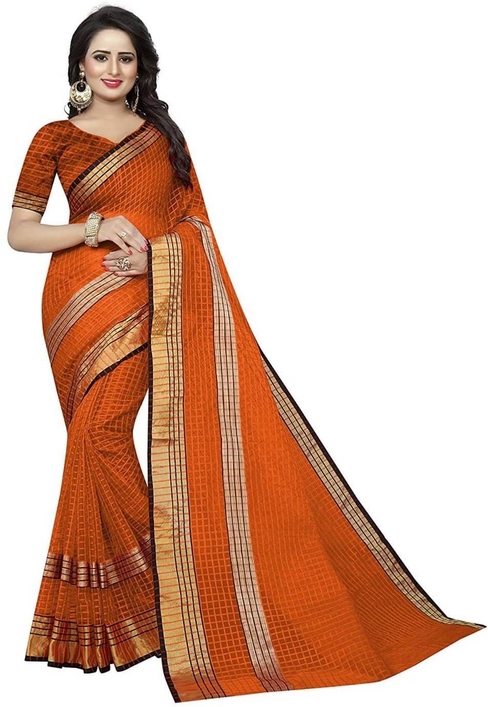 Samai Cotton Silk Checks Regular Saree With Unstitched Blouse Piece ( Orange ) Samai Cotton Silk Checks Regular Saree With Unstitched Blouse Piece ( Orange )