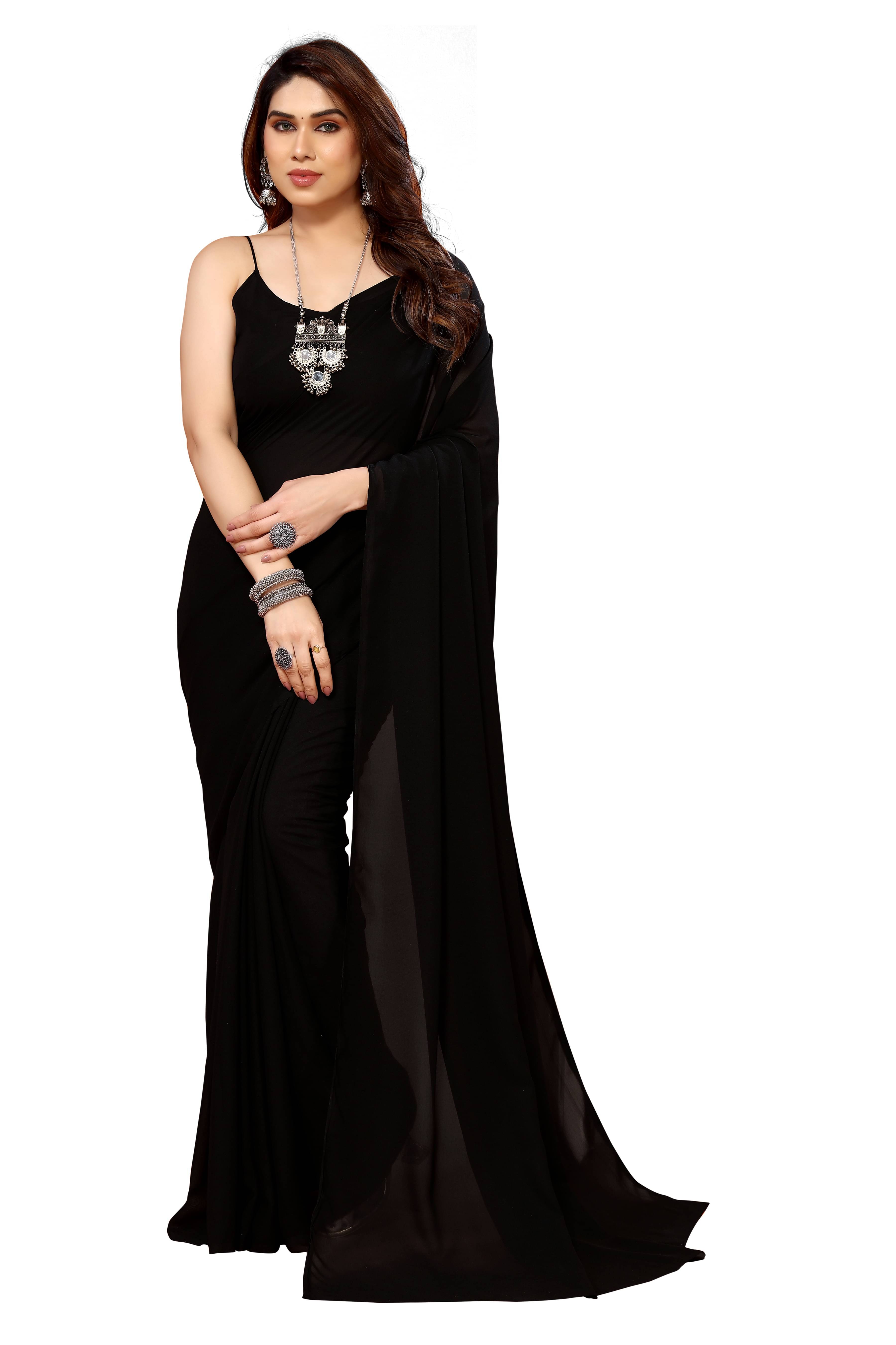 ANAND SAREES Georgette Dyed Kasavu Saree With Unstitched Blouse Piece ( Black ) ANAND SAREES Georgette Dyed Kasavu Saree With Unstitched Blouse Piece ( Black )