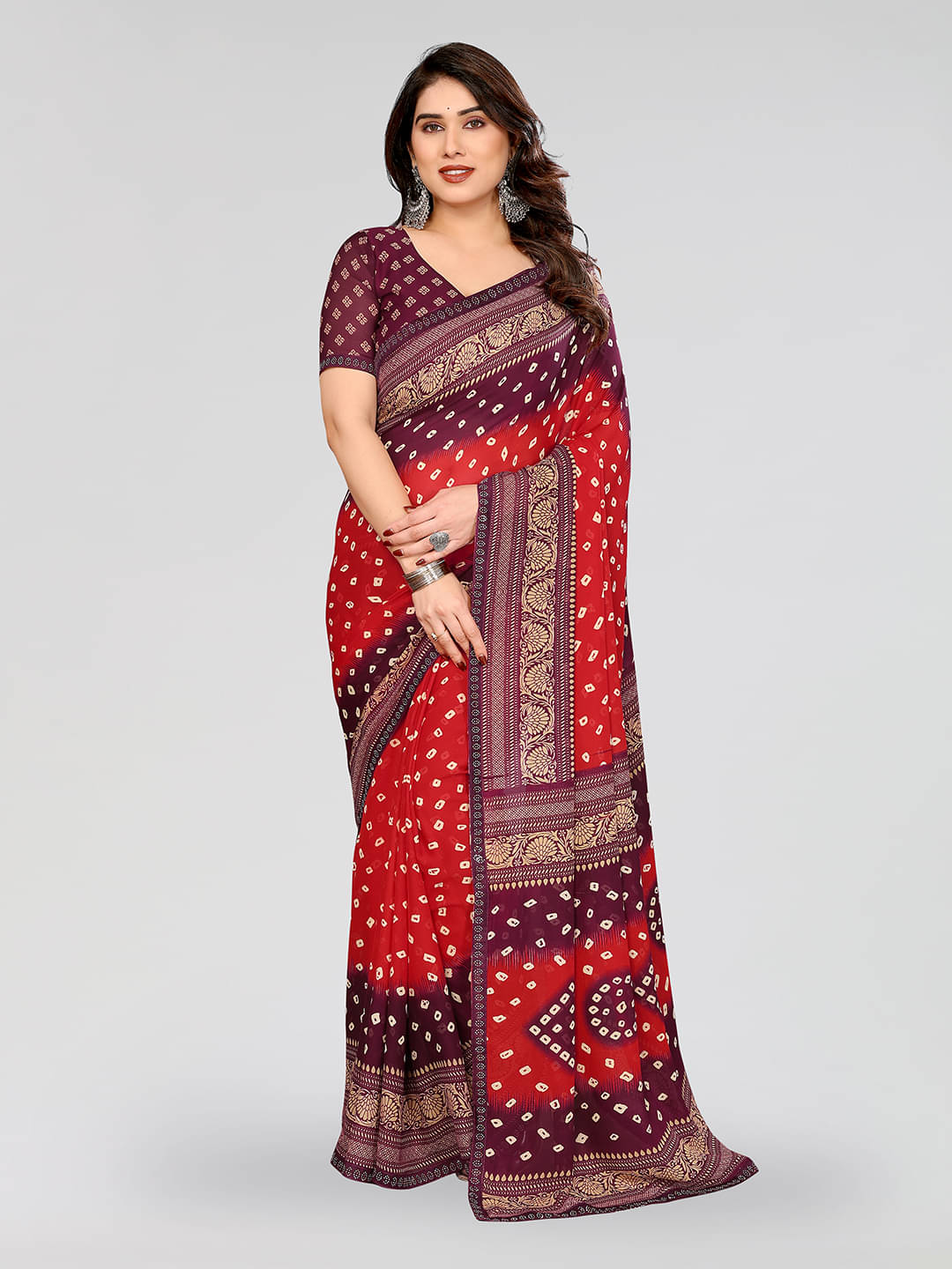     			ANAND SAREES Georgette Embellished Bandhani Sarees With Unstitched Blouse Piece ( Red )