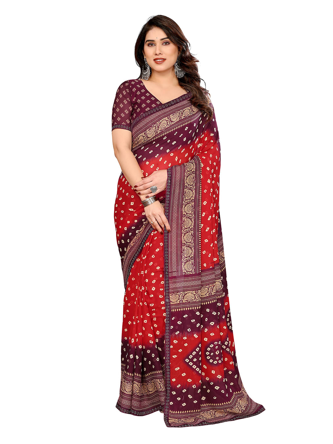 ANAND SAREES Georgette Embellished Bandhani Sarees With Unstitched Blouse Piece ( Red ) ANAND SAREES Georgette Embellished Bandhani Sarees With Unstitched Blouse Piece ( Red )