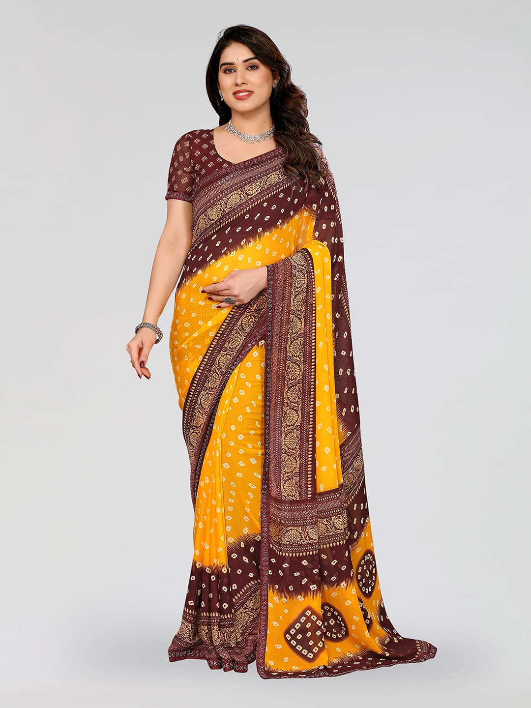 ANAND SAREES Georgette Embellished Bandhani Sarees With Unstitched Blouse Piece ( Yellow ) ANAND SAREES Georgette Embellished Bandhani Sarees With Unstitched Blouse Piece ( Yellow )