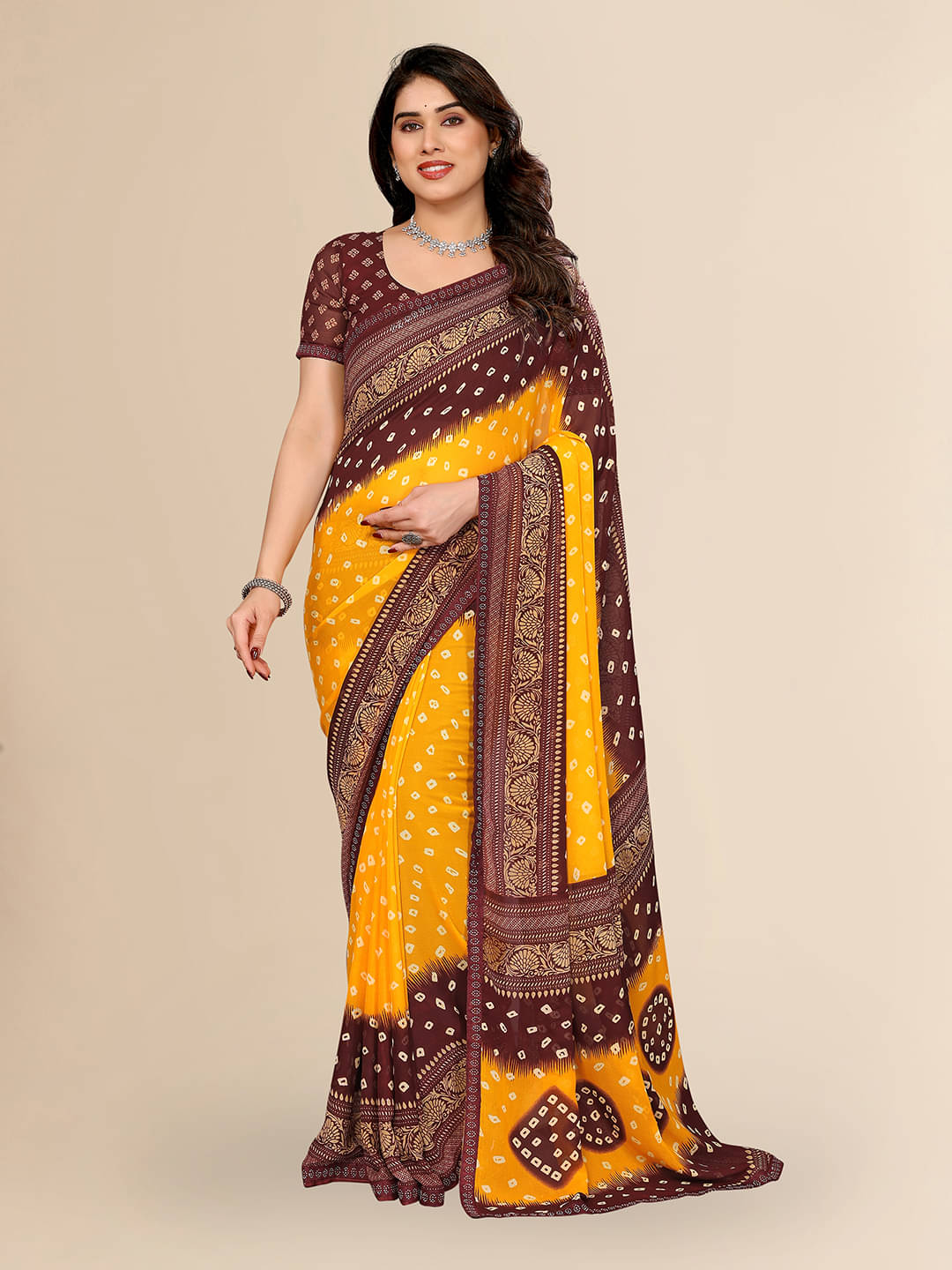     			ANAND SAREES Georgette Embellished Bandhani Sarees With Unstitched Blouse Piece ( Yellow )