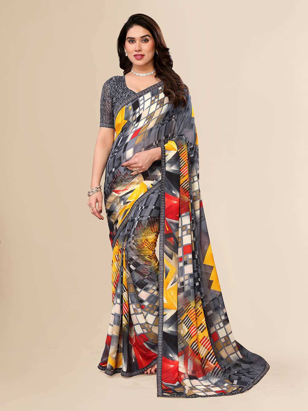 ANAND SAREES Georgette Embellished Chanderi saree With Unstitched Blouse Piece ( Grey ) ANAND SAREES Georgette Embellished Chanderi saree With Unstitched Blouse Piece ( Grey )