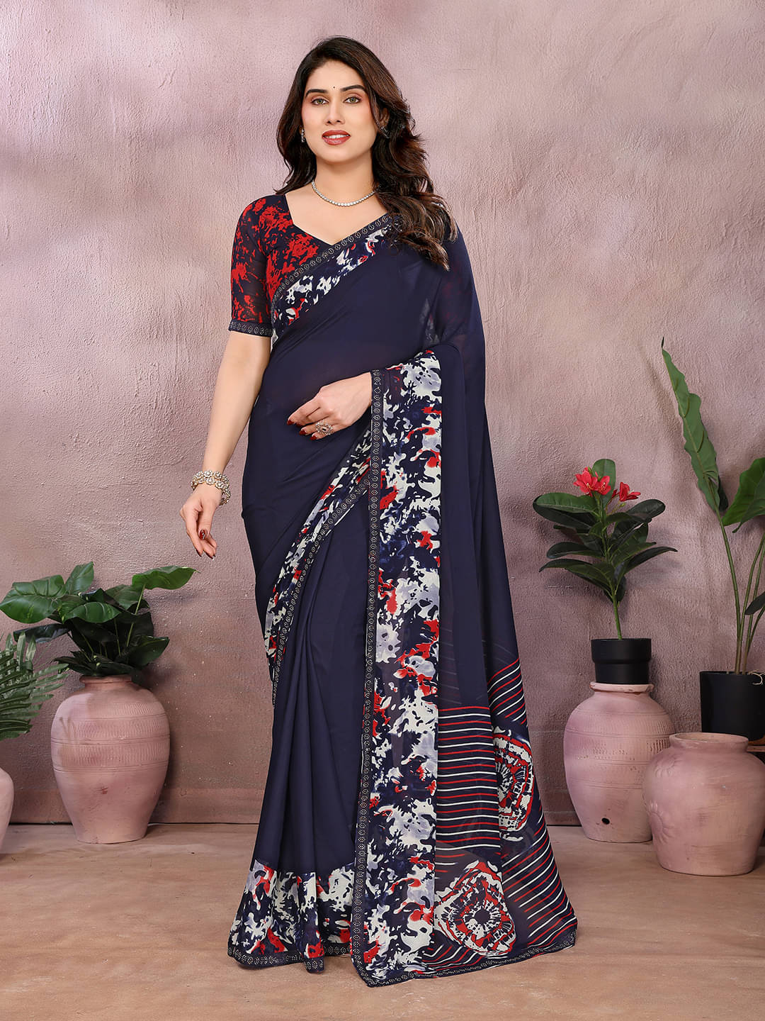     			ANAND SAREES Georgette Embellished Chanderi saree With Unstitched Blouse Piece ( Blue )