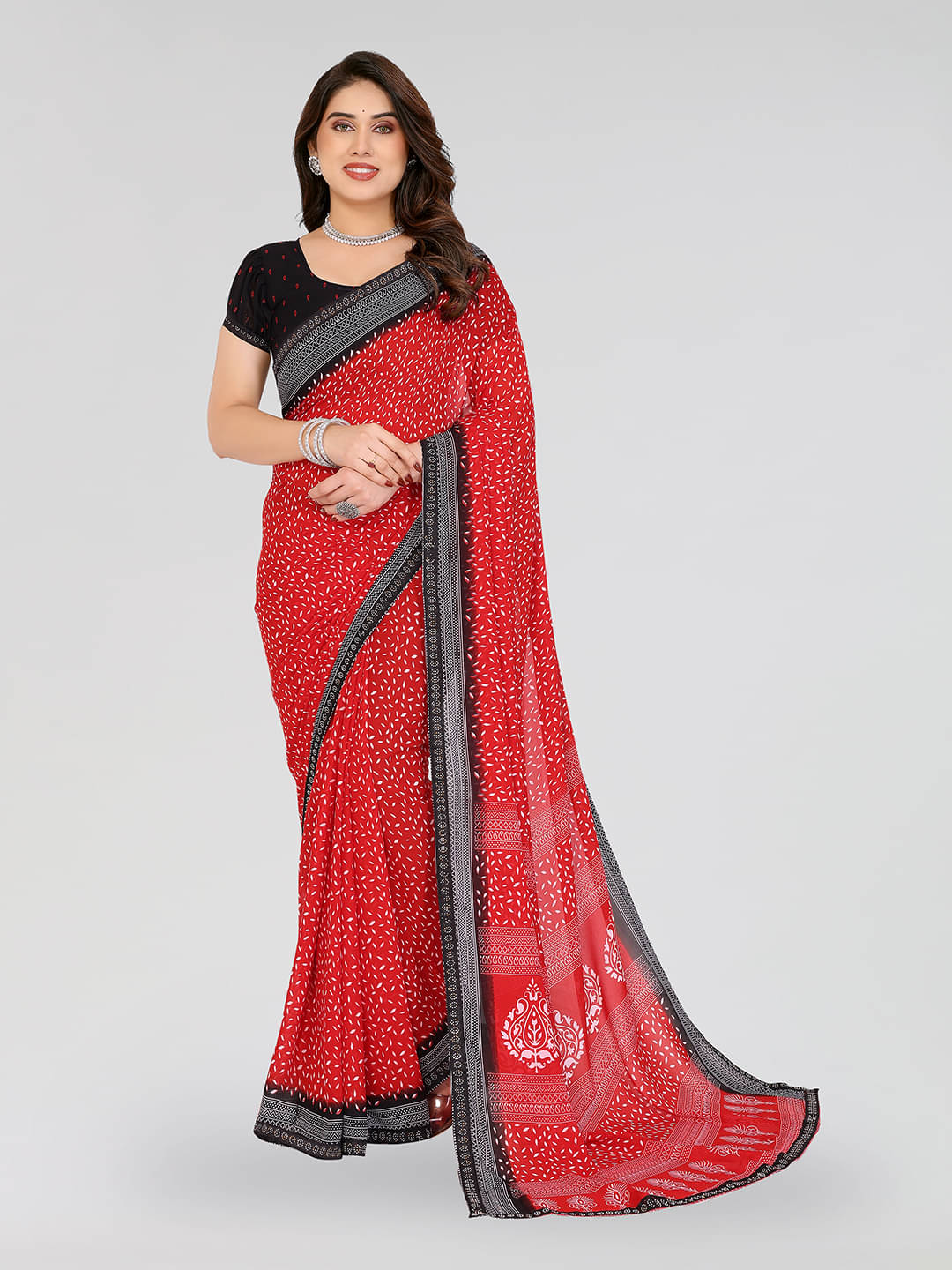     			ANAND SAREES Georgette Embellished Chanderi saree With Unstitched Blouse Piece ( Red )