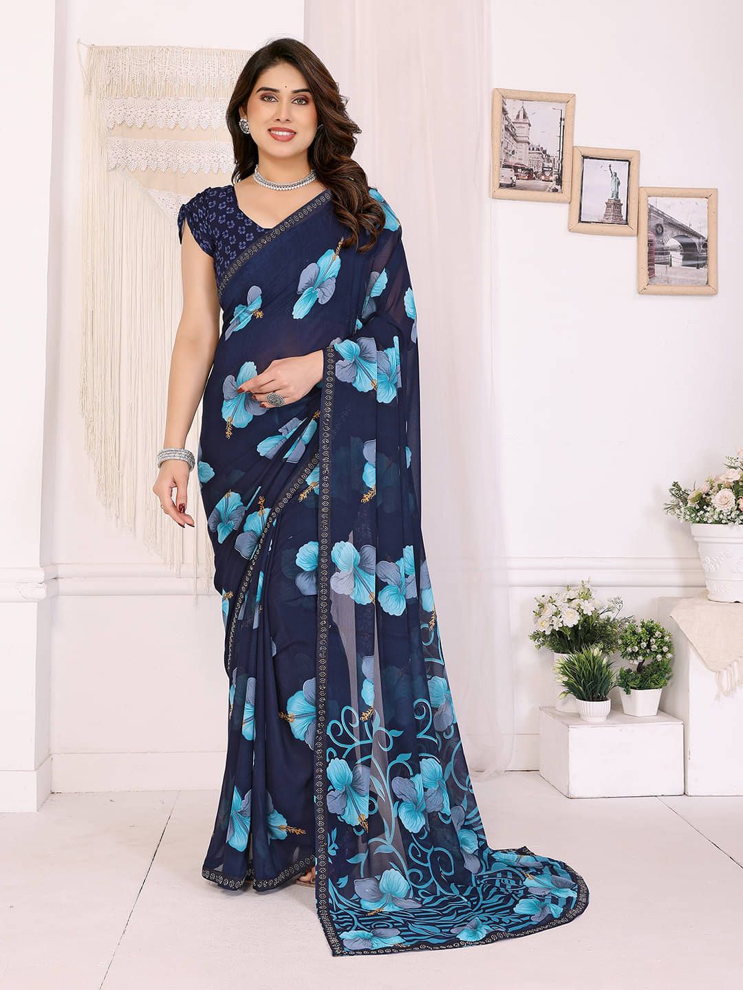 ANAND SAREES Georgette Embellished Chanderi saree With Unstitched Blouse Piece ( Blue ) ANAND SAREES Georgette Embellished Chanderi saree With Unstitched Blouse Piece ( Blue )