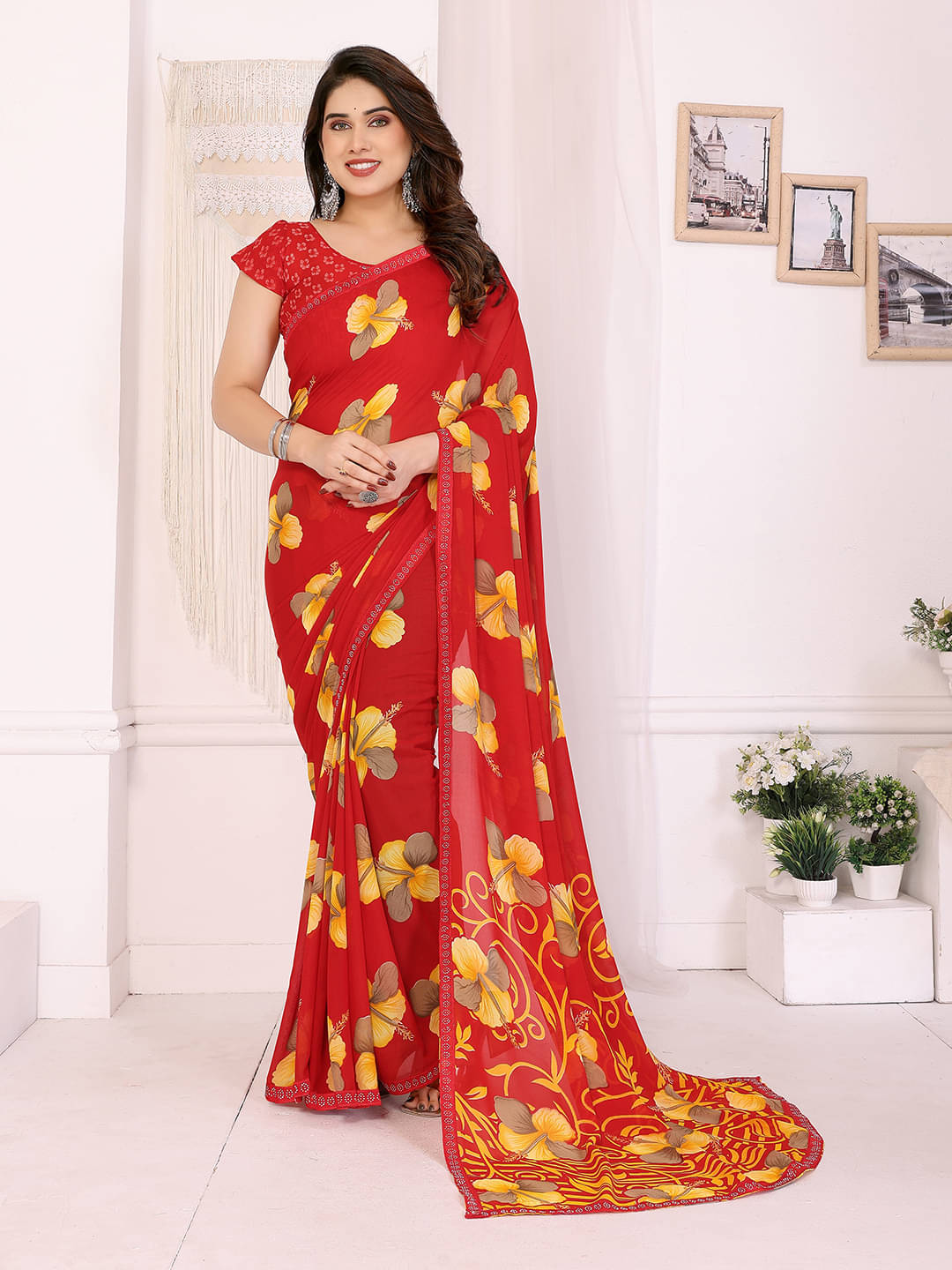 ANAND SAREES Georgette Embellished Chanderi saree With Unstitched Blouse Piece ( Red ) ANAND SAREES Georgette Embellished Chanderi saree With Unstitched Blouse Piece ( Red )