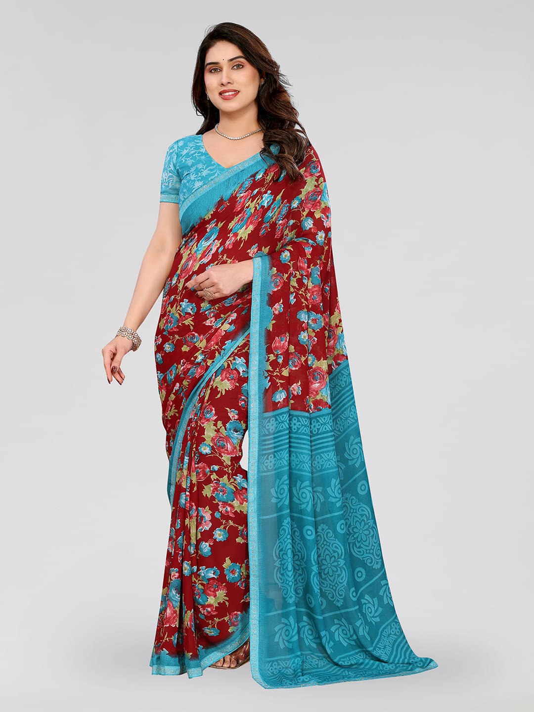 ANAND SAREES Georgette Embellished Chanderi saree With Unstitched Blouse Piece ( Maroon ) ANAND SAREES Georgette Embellished Chanderi saree With Unstitched Blouse Piece ( Maroon )