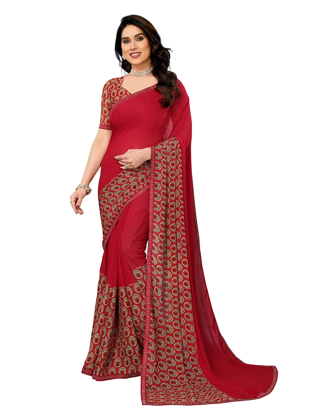 ANAND SAREES Georgette Embellished Chanderi saree With Unstitched Blouse Piece ( Red ) ANAND SAREES Georgette Embellished Chanderi saree With Unstitched Blouse Piece ( Red )