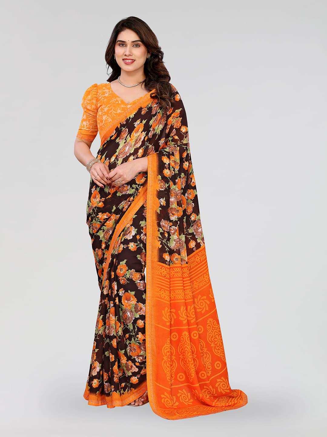 ANAND SAREES Georgette Embellished Chanderi saree With Unstitched Blouse Piece ( Brown ) ANAND SAREES Georgette Embellished Chanderi saree With Unstitched Blouse Piece ( Brown )