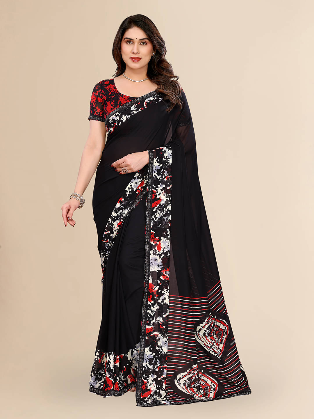 ANAND SAREES Georgette Embellished Chanderi saree With Unstitched Blouse Piece ( Black ) ANAND SAREES Georgette Embellished Chanderi saree With Unstitched Blouse Piece ( Black )
